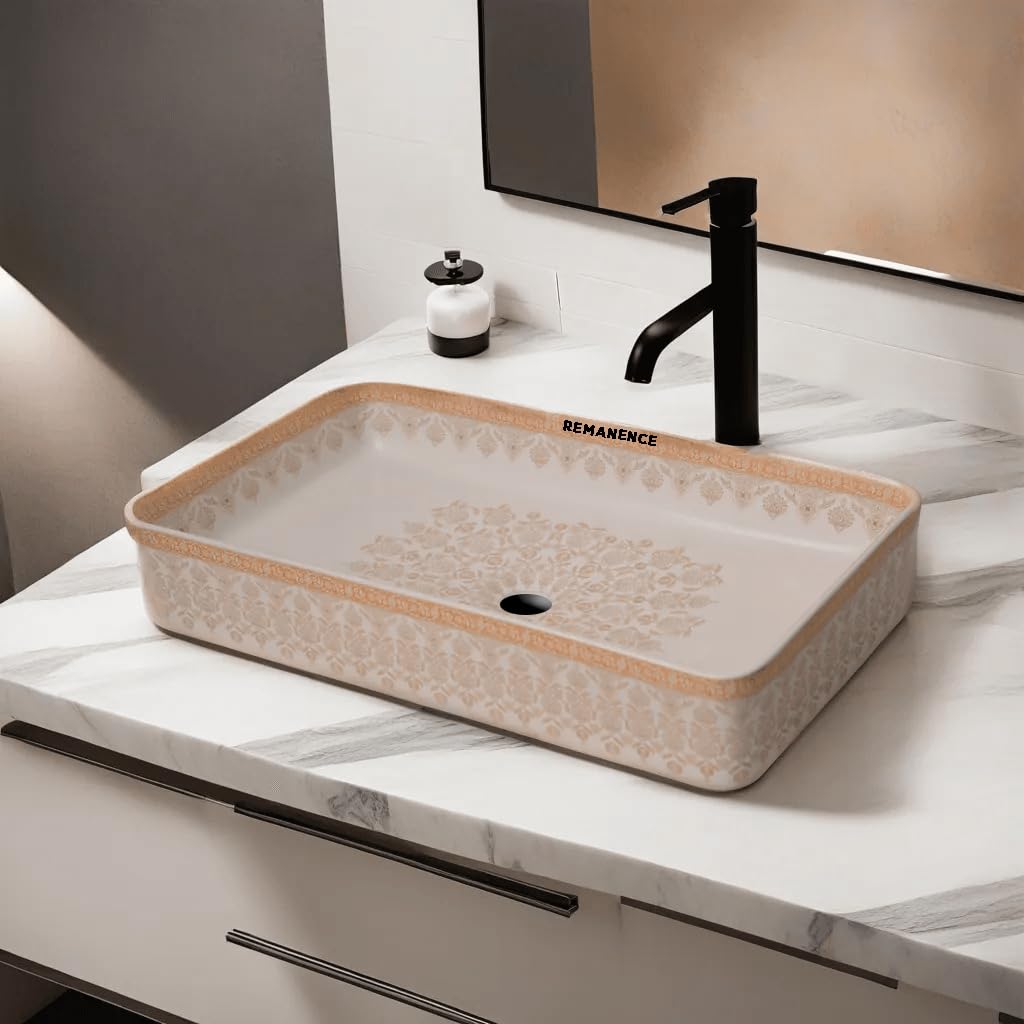 REMANENCE Designer Table Top Wash Basin For Bathroom (24 x 14 x 5 Inch) (Moroccan Design SL 92)