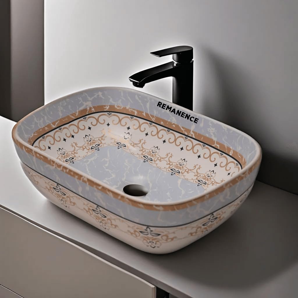 REMANENCE Premium Designer Table Top Wash Basin For Designer Bathrooms, Luxury Homes, Boutique Hotels (18 x 13 x 5.5 Inch) (AD 95 Moroccan White Blue Design)