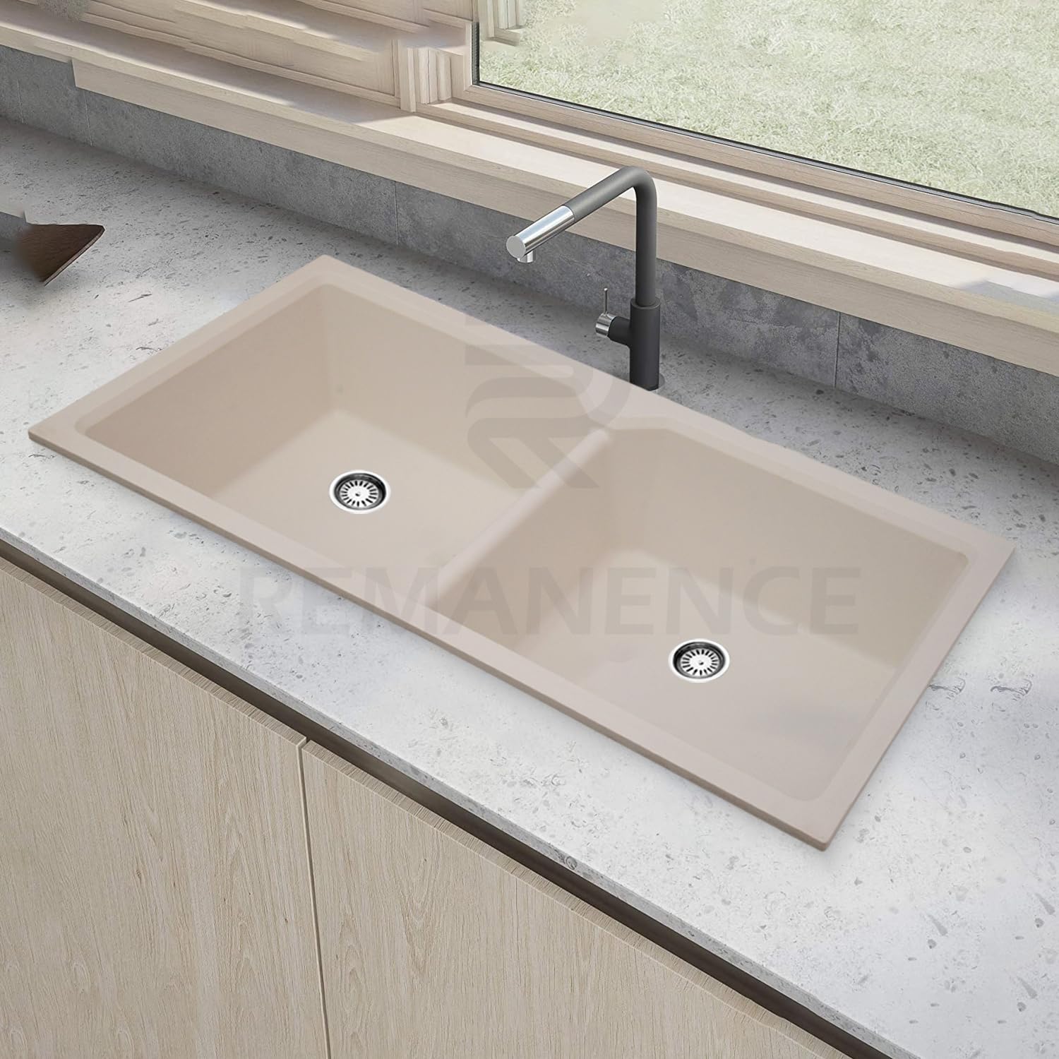 REMANENCE Granite Quartz Double Bowl Kitchen Sink With Drain Board (45 x 20 x 9 Inch) (White)