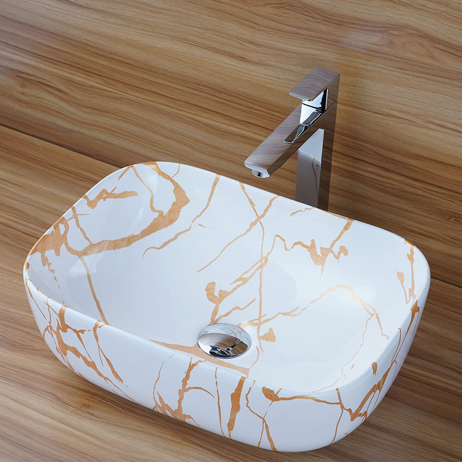 REMANENCE Premium Ceramic Countertop Wash Basin for Premium Restaurants & Cafés, Luxury Bathrooms, Showrooms & Offices (18 x 13 x 5.5 Inch) (Glossy-White N Golden)