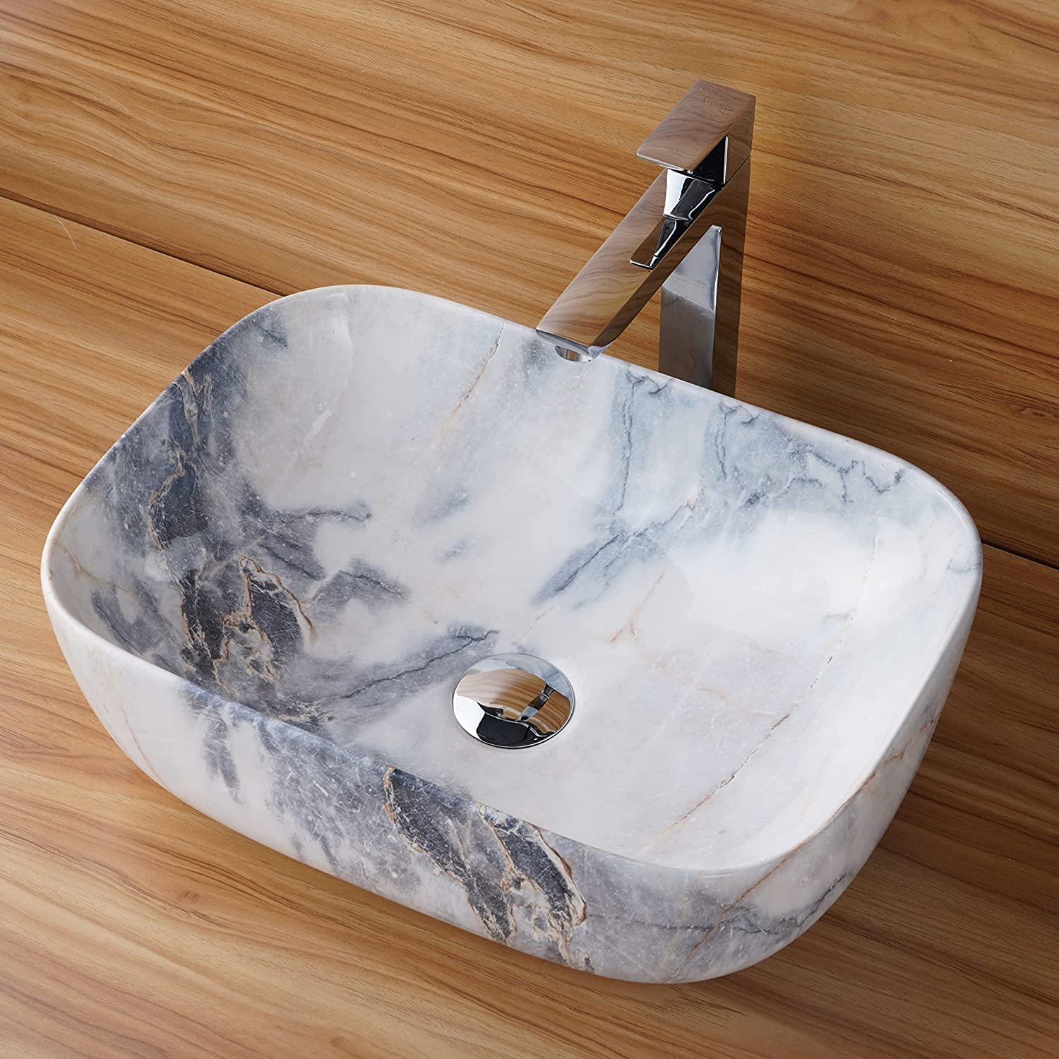 REMANENCE Designer Countertop Wash Basin for Office Washroom, Hotel & Resort, Home Living Room (18 x 13 x 5.5 Inch) (White Grey Blues) (Glossy Finish)