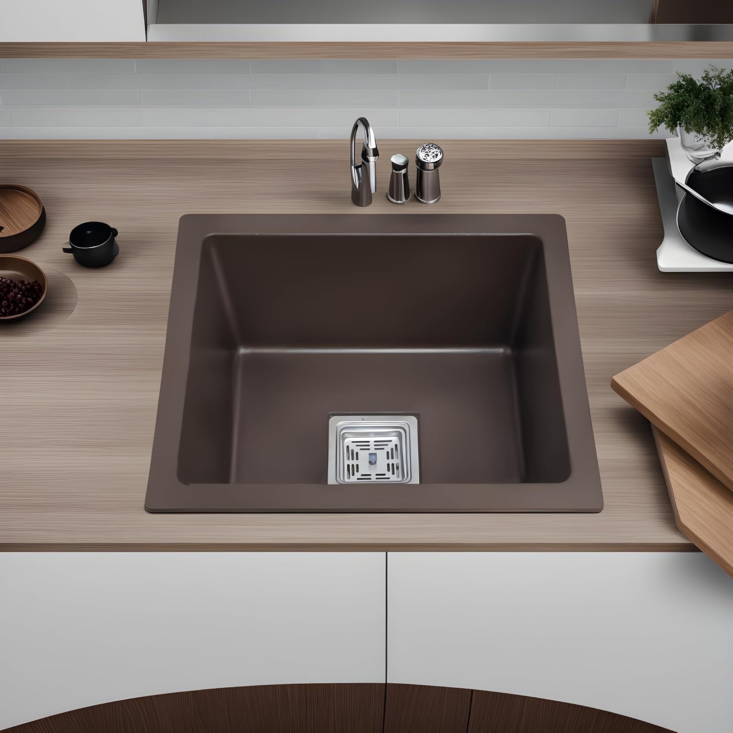 REMANENCE Granite Quartz Single Bowl Kitchen Sink With Drain Board (16 X 18 X 9 Inches)