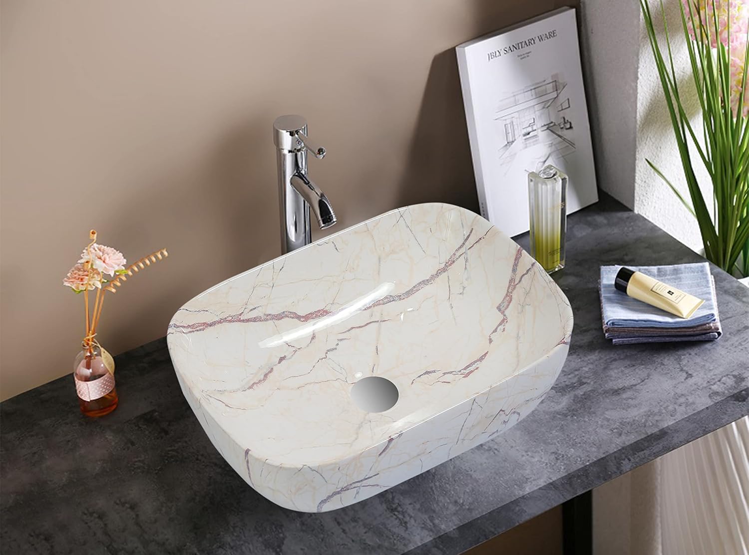 REMANENCE Premium Ceramic Countertop Wash Basin for Home Living Room, Luxury Bathrooms, Showrooms & Offices (18 x 13 x 5.5 Inch)
