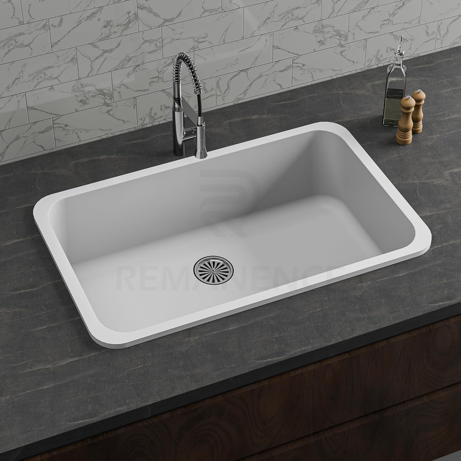 REMANENCE Granite Quartz Single Bowl Matte Finish Kitchen Sink With Drainer Basket (31 x 19 x 9 Inch) (White)