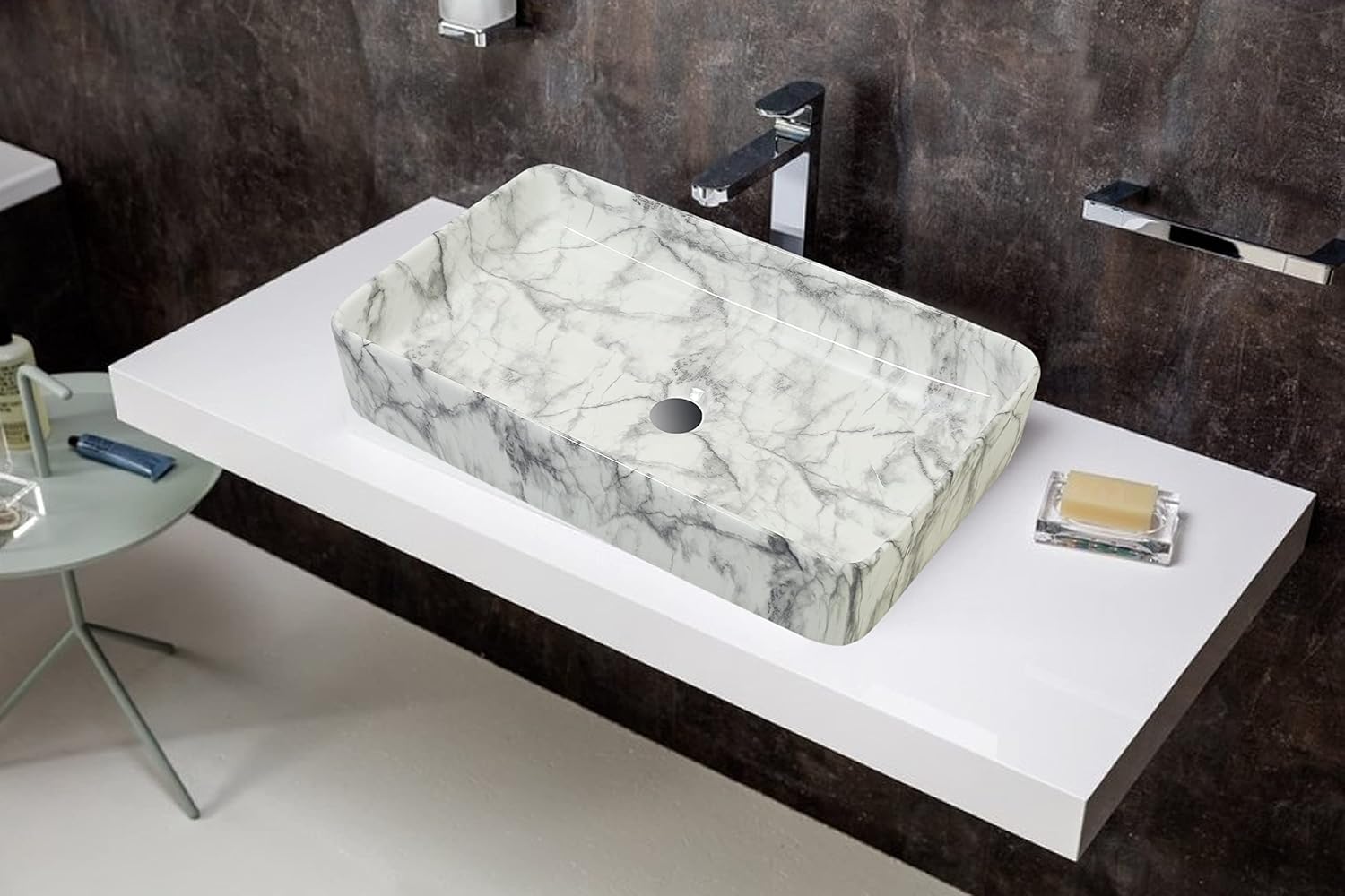 REMANENCE Designer Countertop Ceramic Wash Basin For Bathroom (24 x 14 x 5 Inch) (Designer White N Grey)