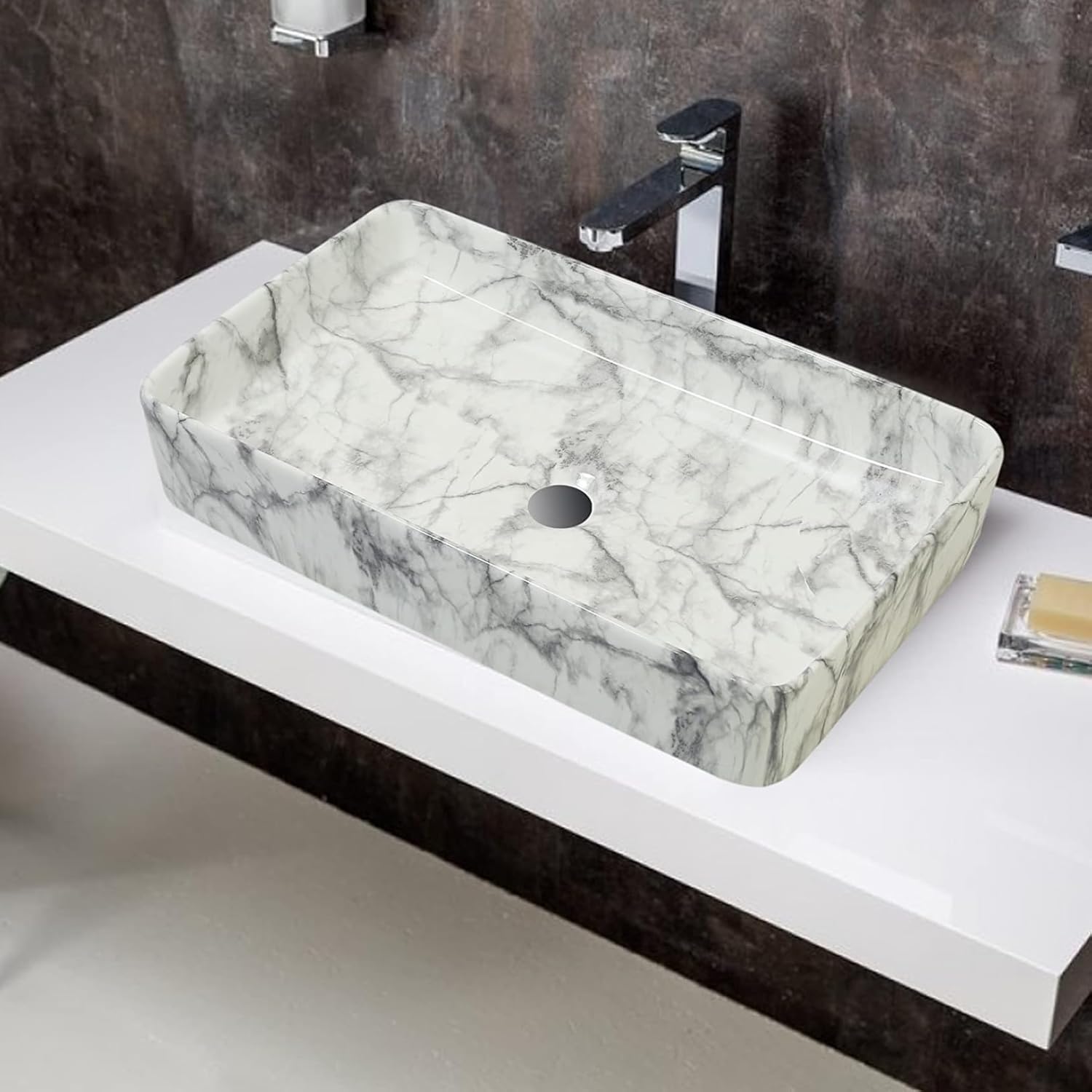 REMANENCE Designer Countertop Ceramic Wash Basin For Bathroom (24 x 14 x 5 Inch) (Designer White N Grey)