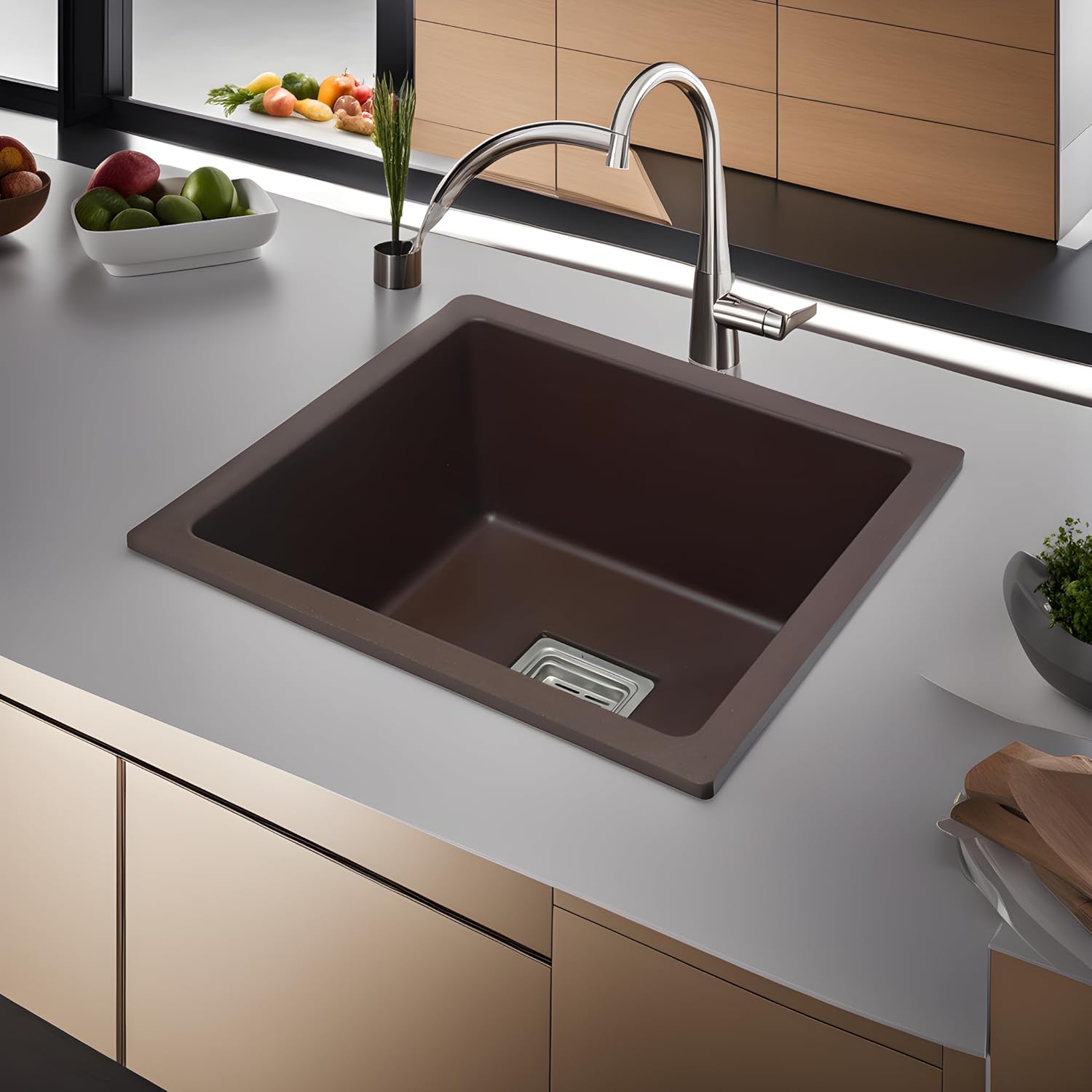 REMANENCE Granite Quartz Single Bowl Kitchen Sink With Drain Board (16 X 18 X 9 Inches)