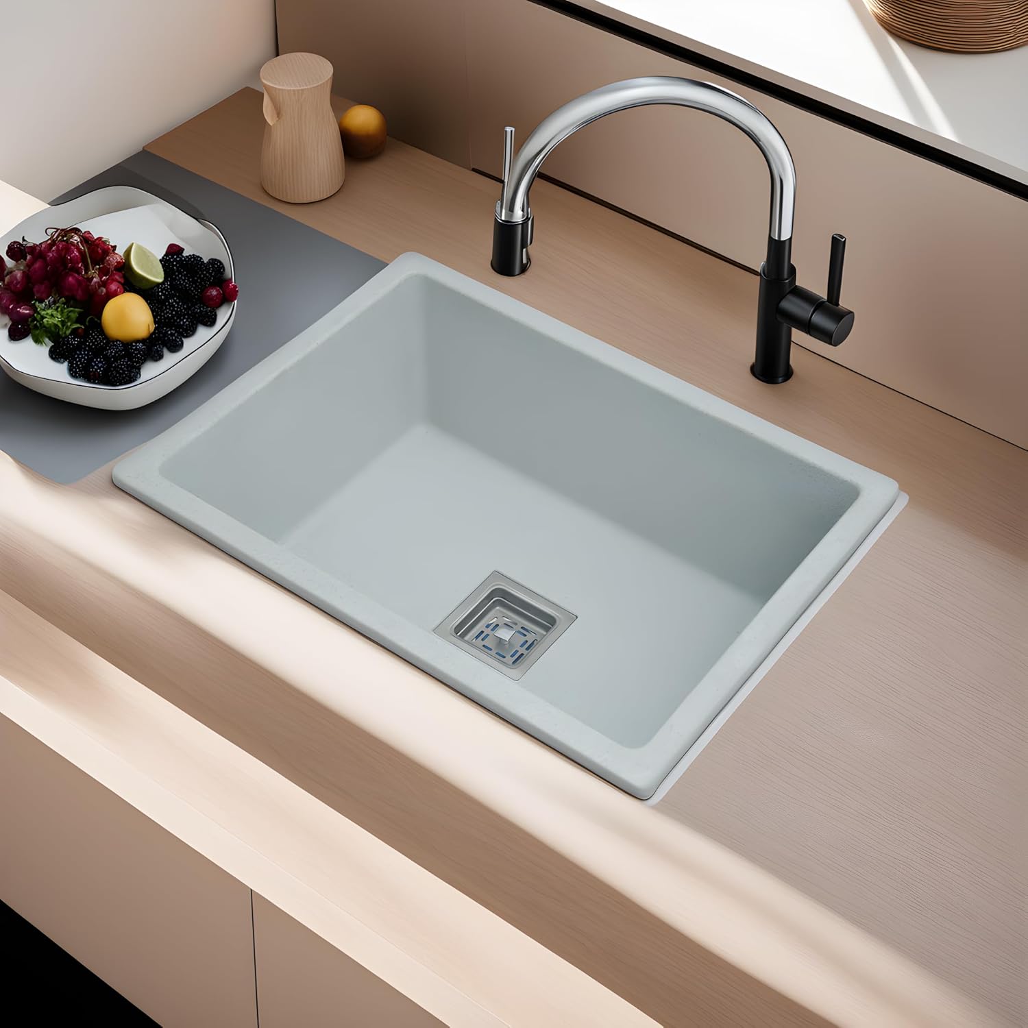 REMANENCE Granite Quartz Single Bowl Kitchen Sink With Drain Board (24 x 18 x 9 Inch)