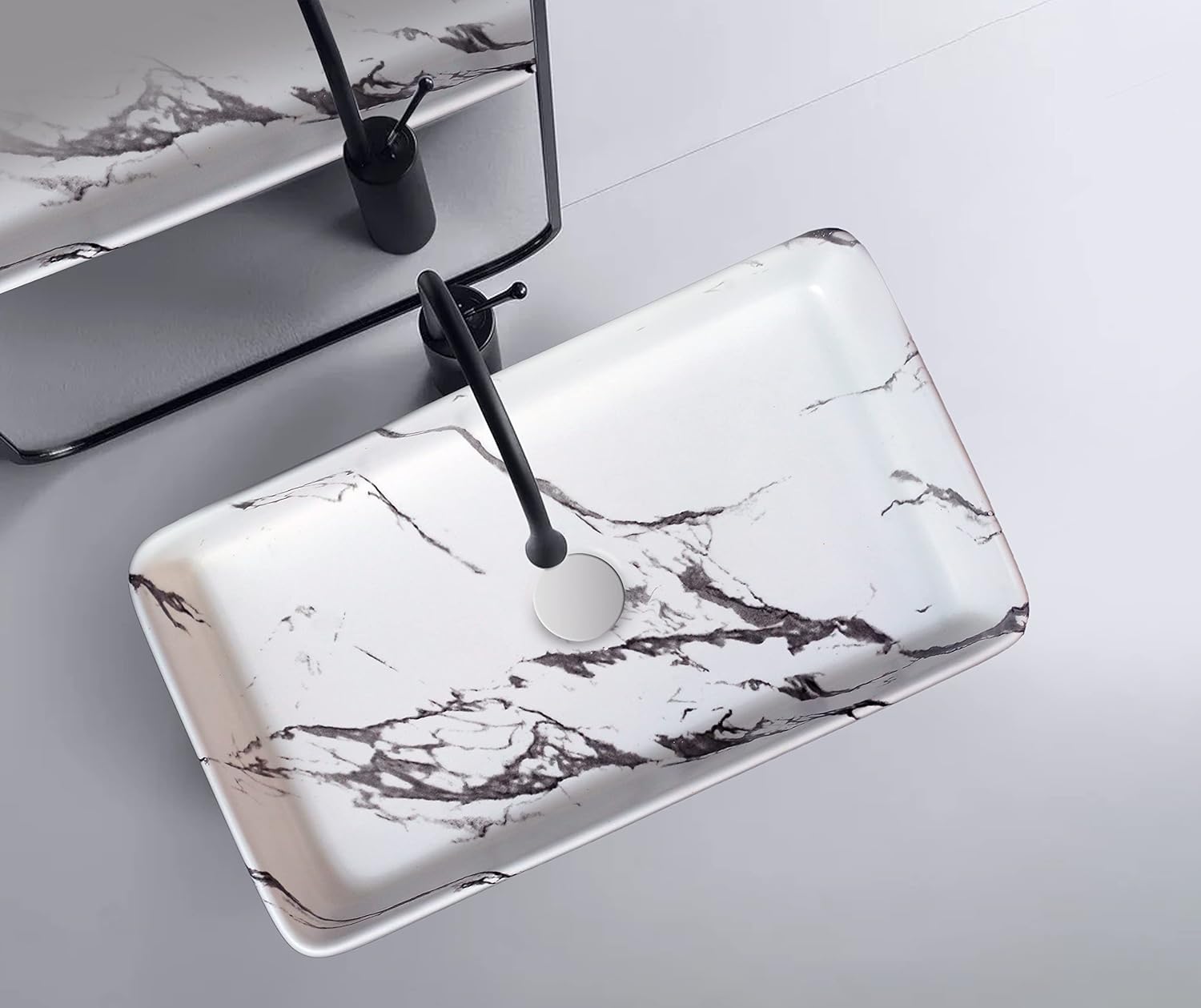 REMANENCE Designer Countertop Ceramic Wash Basin For Bathroom (24 x 14 x 5 Inch) (Designer White-Black Basin)