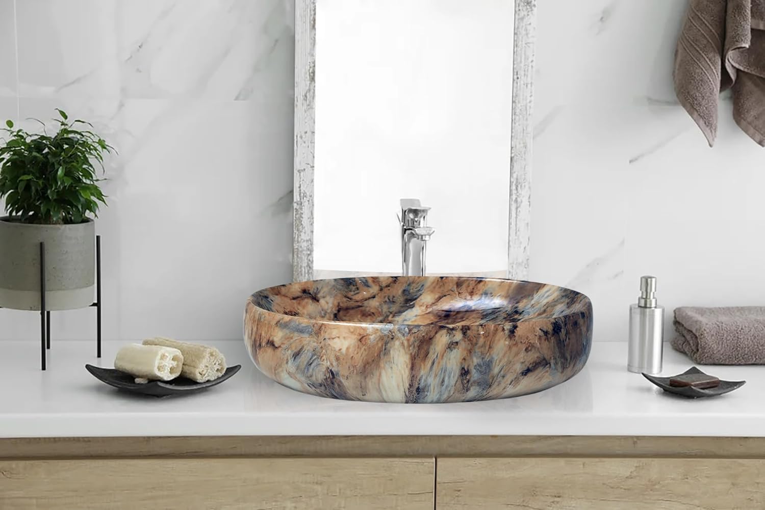 REMANENCE Ceramic Countertop Wash Basin for Designer Bathroom, Boutique Hotels, Luxury Homes (24 x 15 x 6 Inch) (Beige Brown)