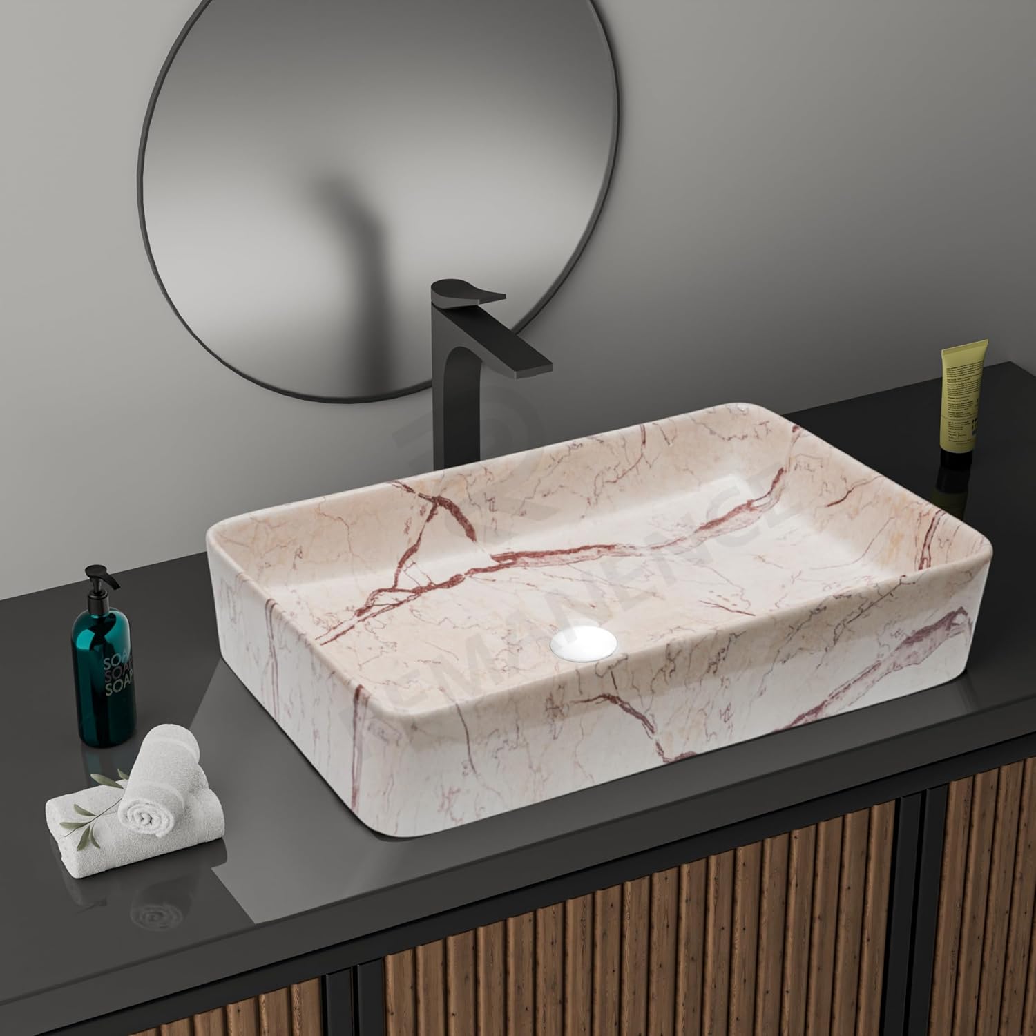 REMANENCE Designer Countertop Wash Basin for Fine-Dining Restaurants, Premium Cafés, Luxury Bathrooms, Modern Homes (24 x 14 x 5 Inch) (T - 407)