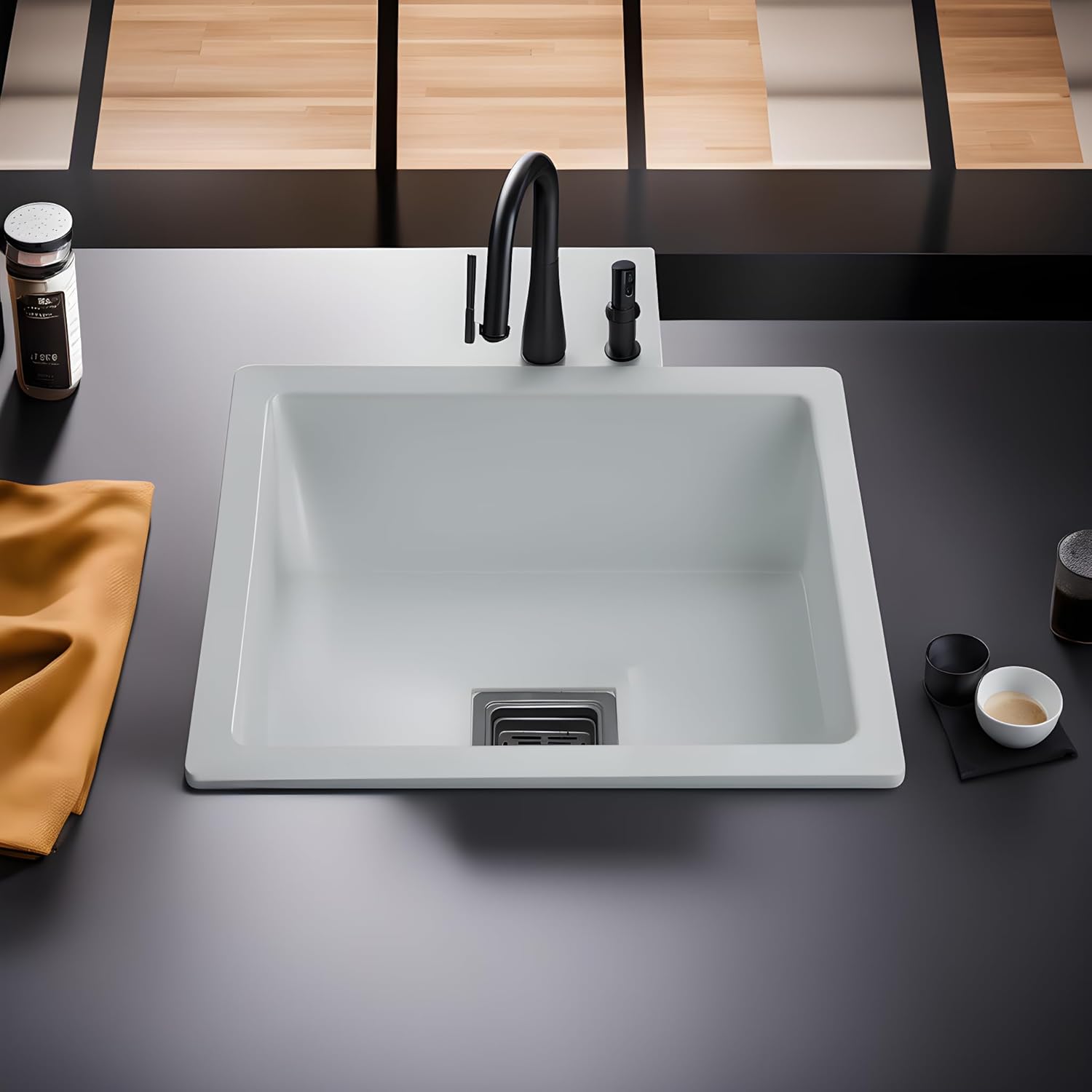 REMANENCE Granite Quartz Single Bowl Kitchen Sink With Drain Board (16 X 18 X 9 Inches)