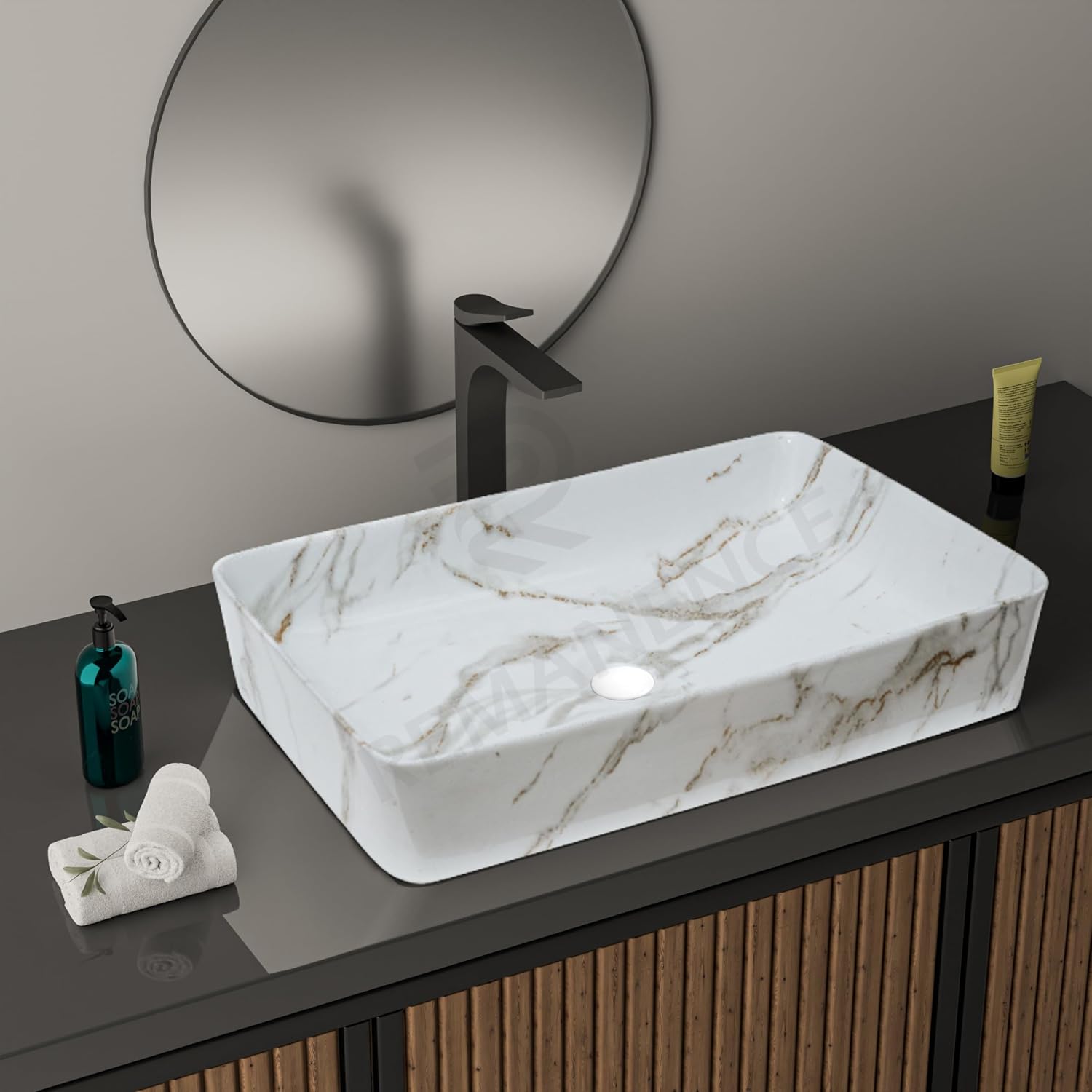 REMANENCE Designer Countertop Wash Basin for Fine-Dining Restaurants, Premium Cafés, Luxury Bathrooms, Modern Homes (24 x 14 x 5 Inch) (T-451)
