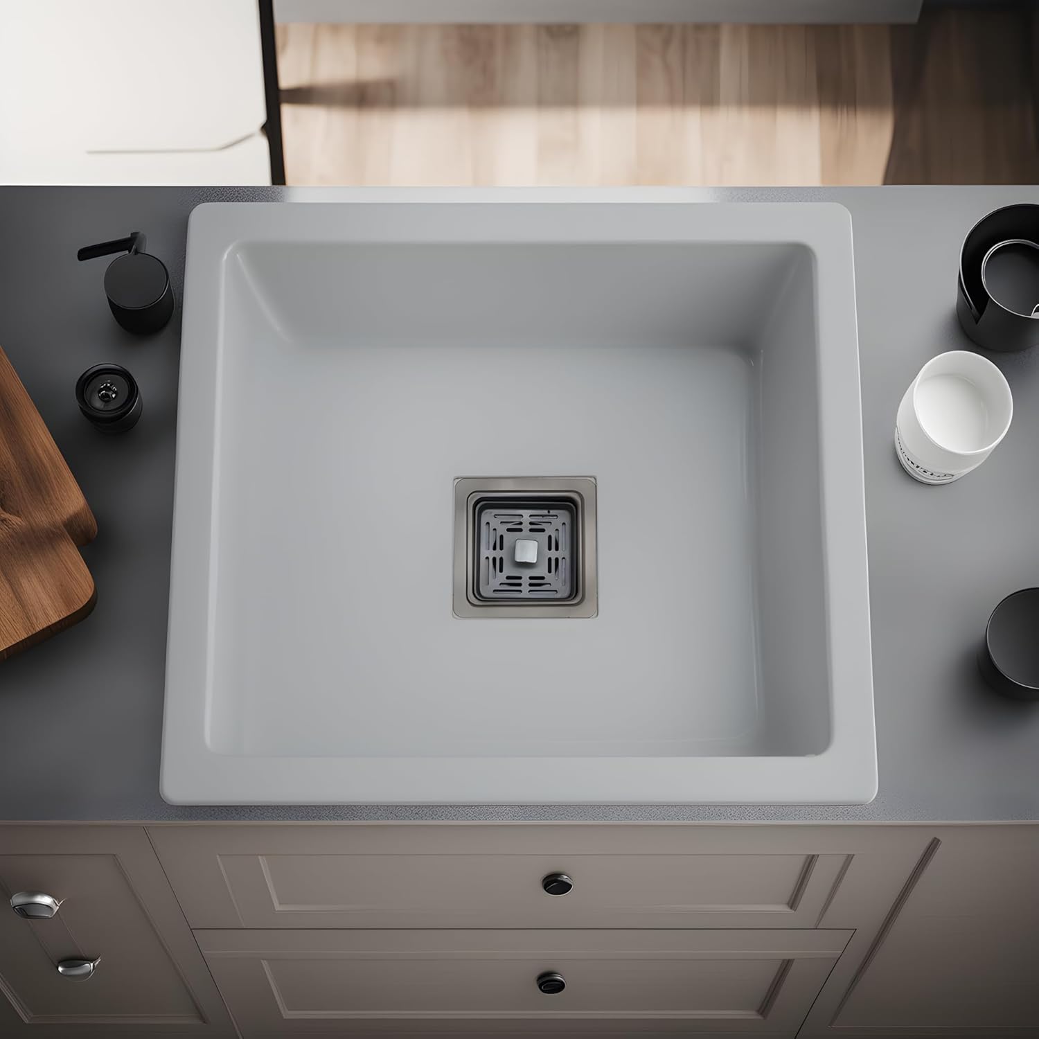 REMANENCE Granite Quartz Single Bowl Kitchen Sink With Drain Board (16 X 18 X 9 Inches)