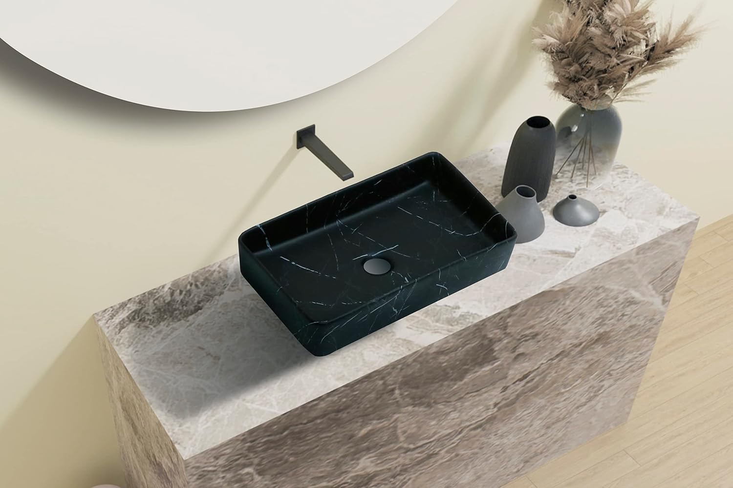 REMANENCE Designer Countertop Ceramic Wash Basin For Bathroom (24 x 14 x 5 Inch) (Matte Black N White Stripe)