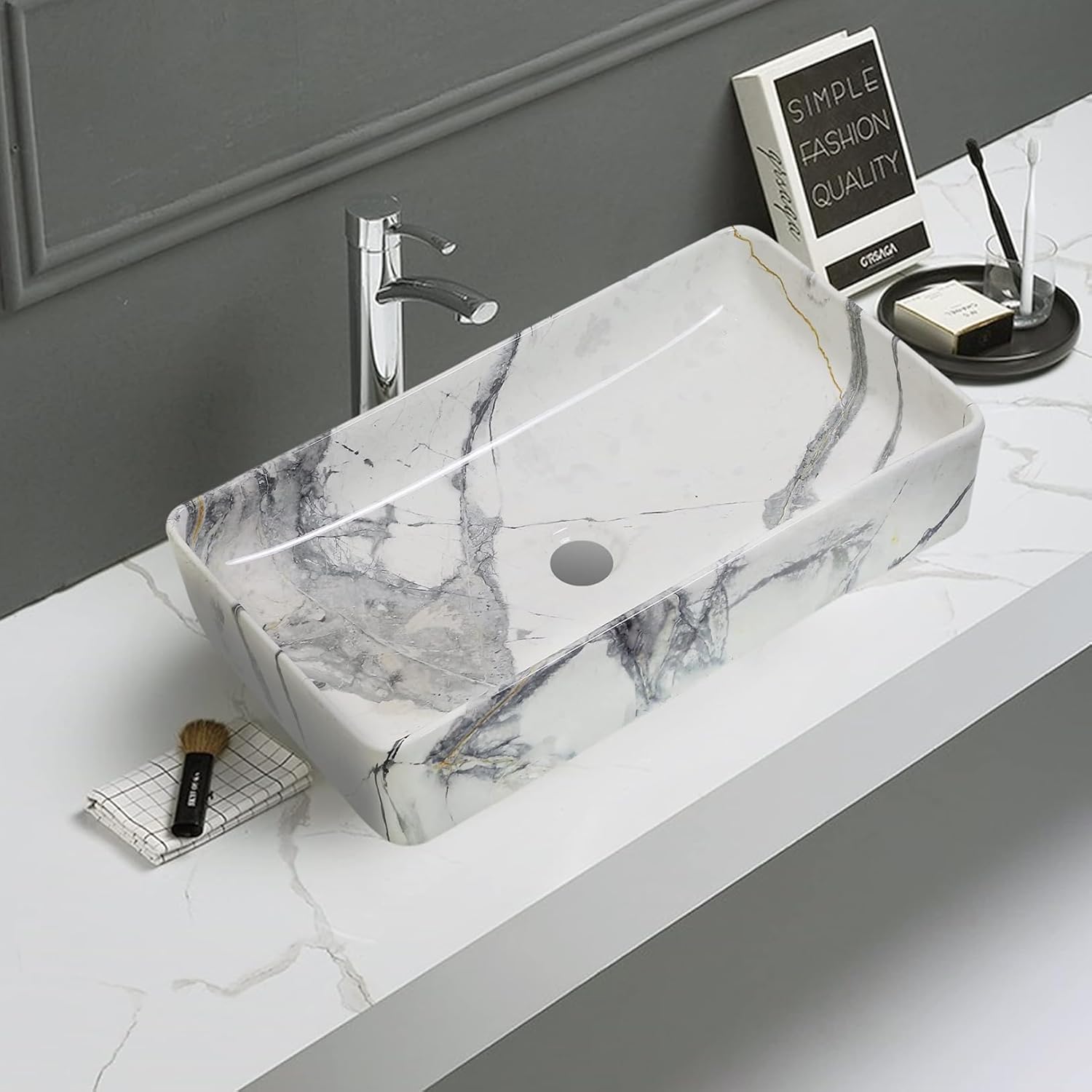REMANENCE Designer Countertop Ceramic Wash Basin For Bathroom (24 x 14 x 5 Inch) (Marble White N Grey)