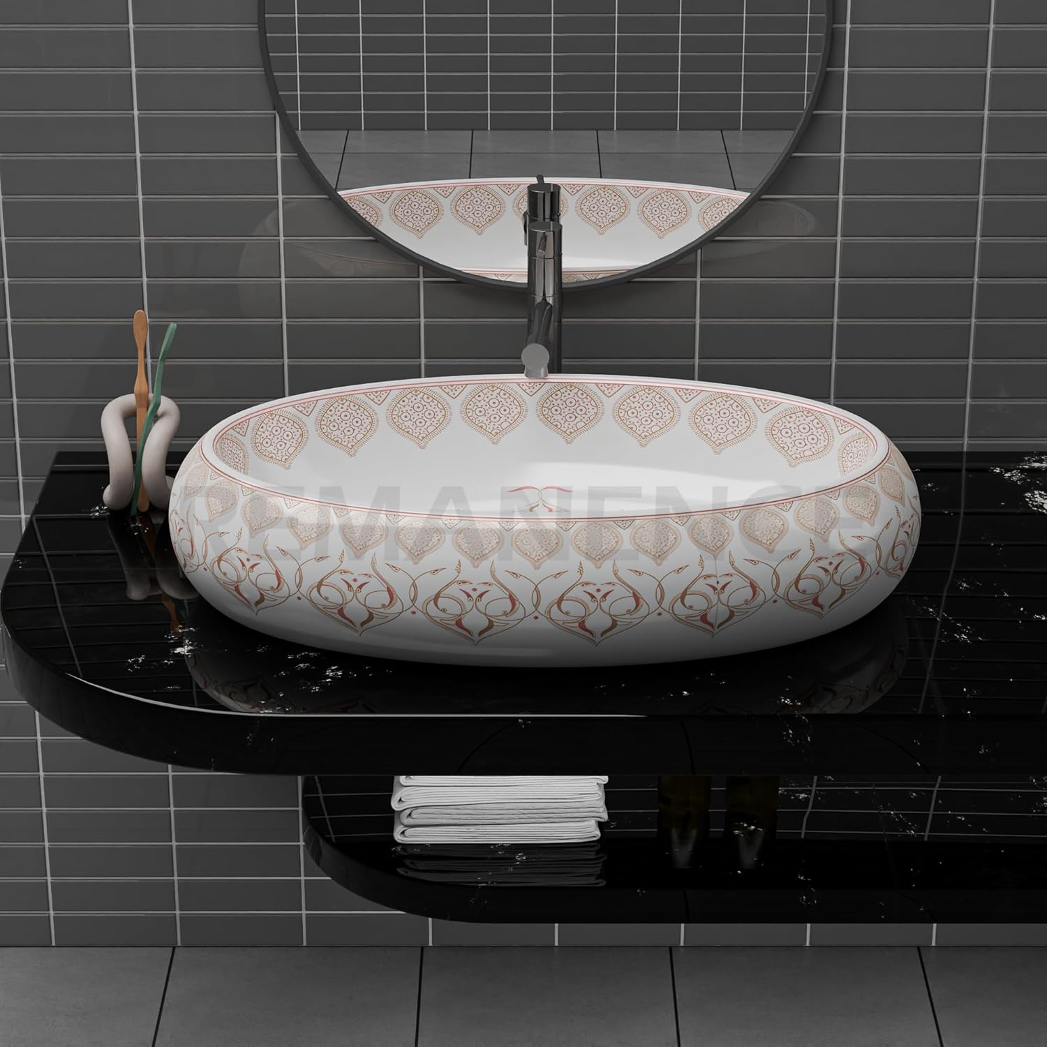 REMANENCE-ROUND Premium Countertop Wash Basin for Luxury Bathrooms, Boutique Hotels & Resorts, Premium Restaurants & Cafés (24 X 16 X 6 Inch) (T-2251)