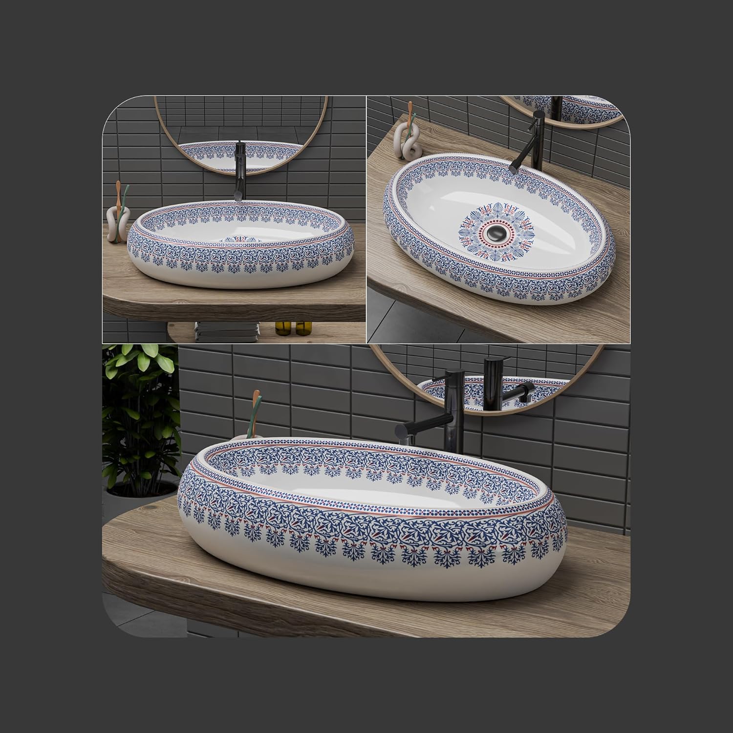 REMANENCE-ROUND Premium Countertop Wash Basin for Luxury Bathrooms, Boutique Hotels & Resorts, Premium Restaurants & Cafés (24 X 16 X 6 Inch) (T-2261)