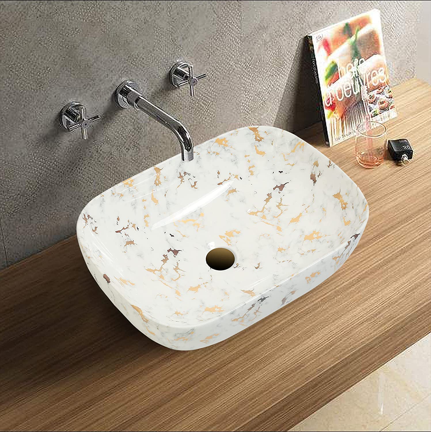 REMANENCE Designer Premium Table Top Wash Basin for Designer Showrooms, Fine-Dining Establishments, Upscale Hospitality Venues (18 x 13 x 5.5 Inch) (White Golden)