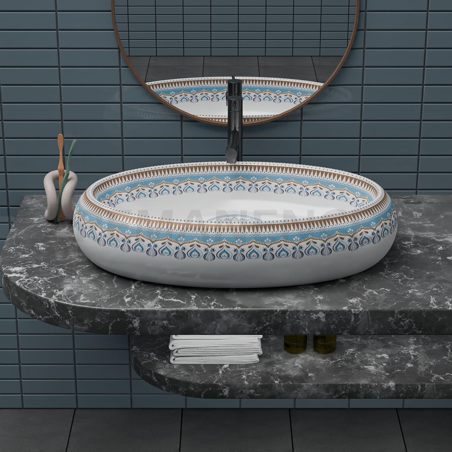 REMANENCE-ROUND Premium Countertop Wash Basin for Luxury Bathrooms, Boutique Hotels & Resorts, Premium Restaurants & Cafés (24 X 16 X 6 Inch) (T-2259)