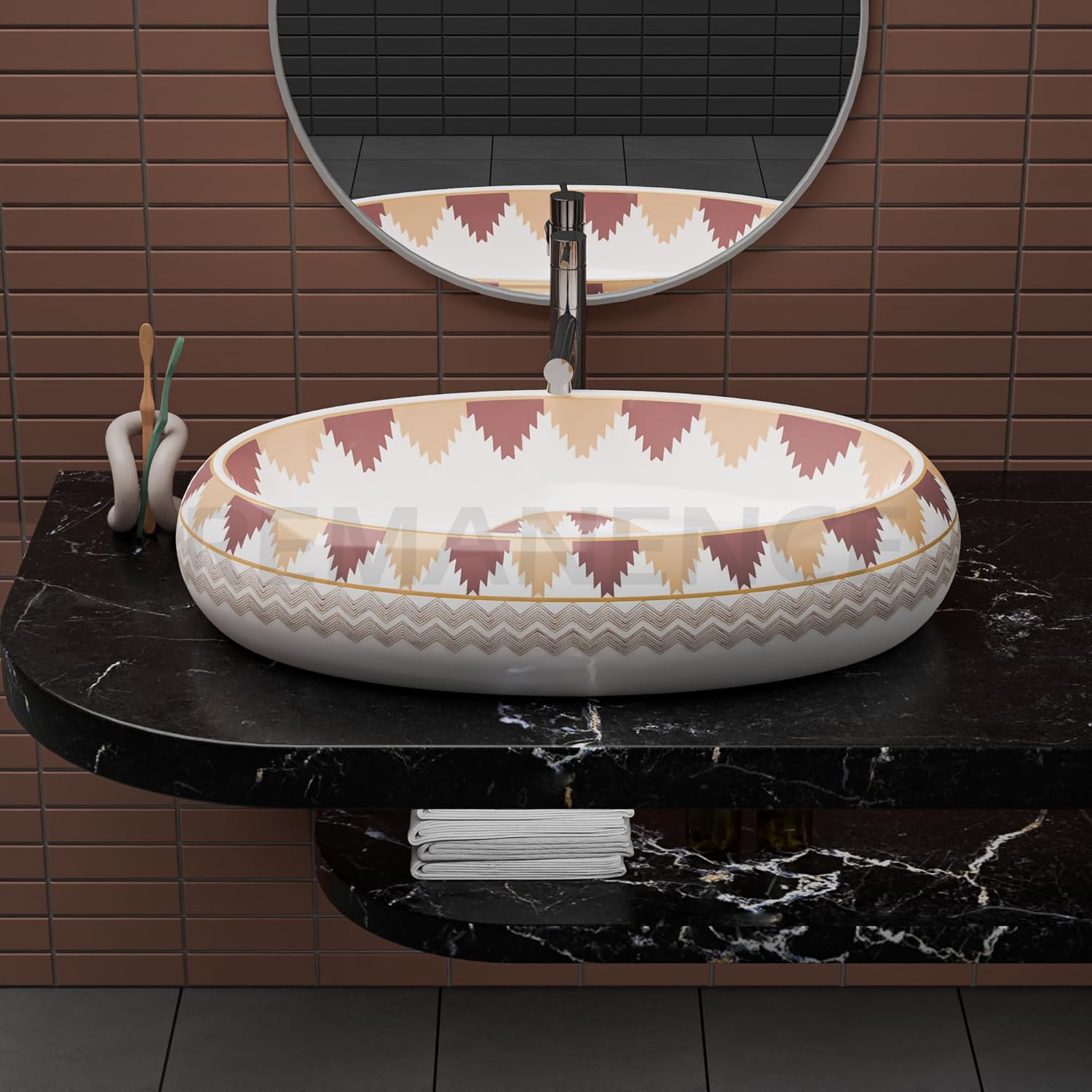 REMANENCE-ROUND Premium Countertop Wash Basin for Luxury Bathrooms, Boutique Hotels & Resorts, Premium Restaurants & Cafés (24 X 16 X 6 Inch) (T-2255)