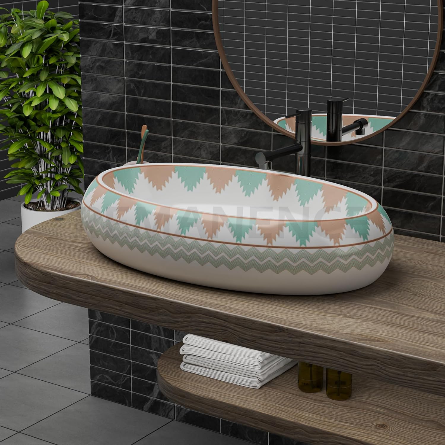 REMANENCE-ROUND Premium Countertop Wash Basin for Luxury Bathrooms, Boutique Hotels & Resorts, Premium Restaurants & Cafés (24 X 16 X 6 Inch) (T-2254)