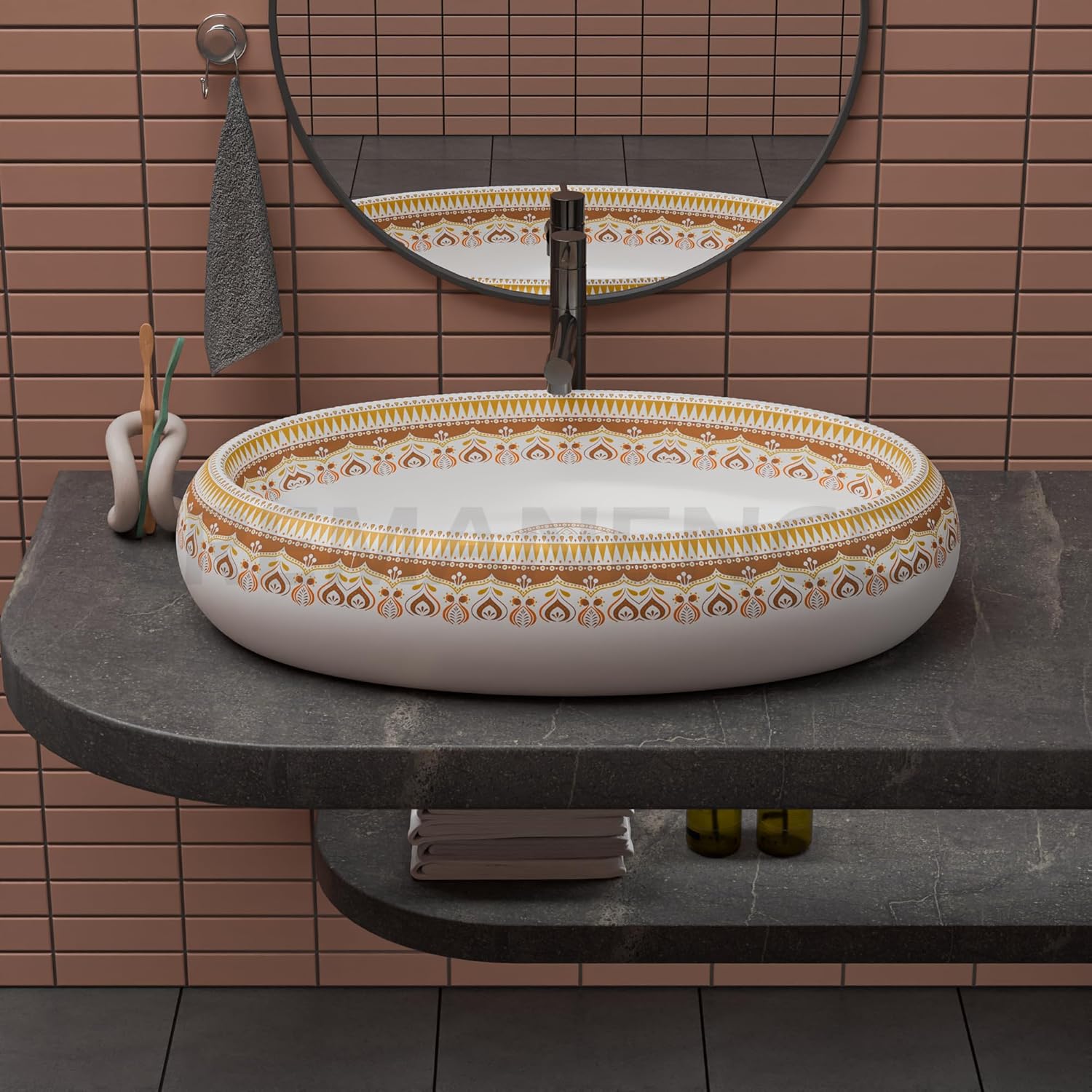 REMANENCE-ROUND Premium Countertop Wash Basin for Luxury Bathrooms, Boutique Hotels & Resorts, Premium Restaurants & Cafés (24 X 16 X 6 Inch) (T-2260)