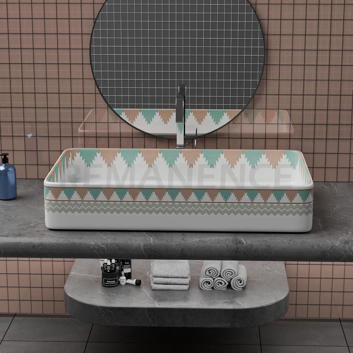 REMANENCE Designer Countertop Wash Basin For Bathroom, Restaurant, Living Room (24 x 14 x 5 Inch) (T-4454)