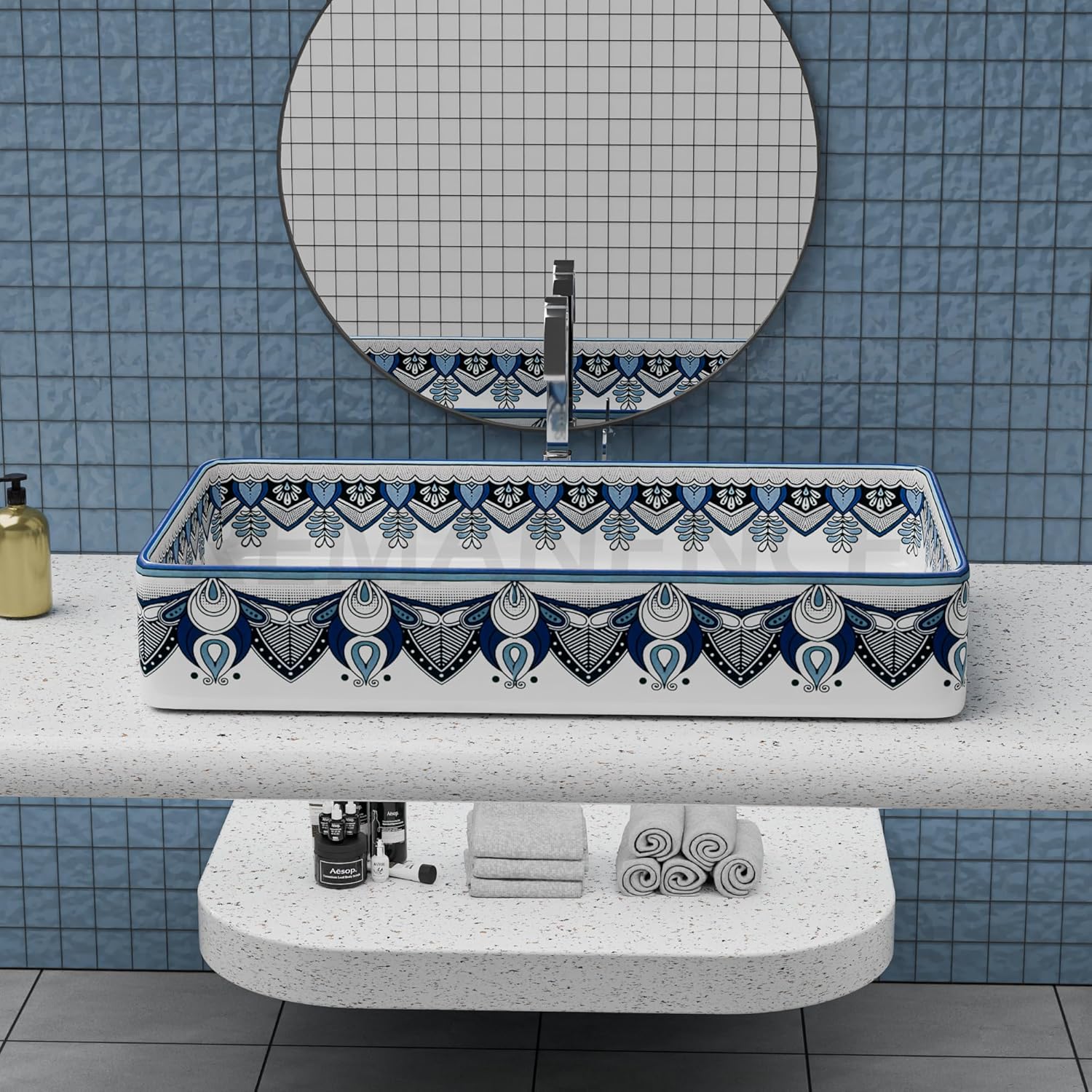REMANENCE Designer Countertop Wash Basin For Bathroom, Restaurant, Living Room (24 x 14 x 5 Inch) (T-4457)