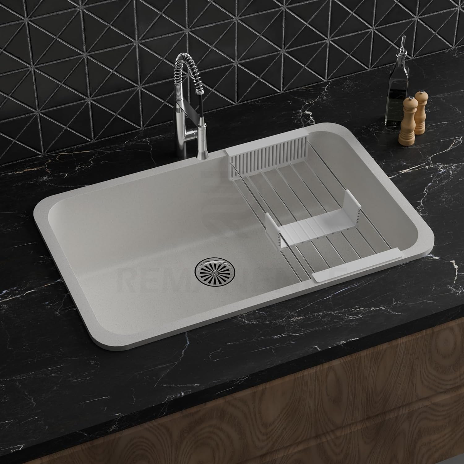 REMANENCE Granite Quartz Single Bowl Matte Finish Kitchen Sink With Drainer Basket (31 x 19 x 9 Inch) (Grey Stone)