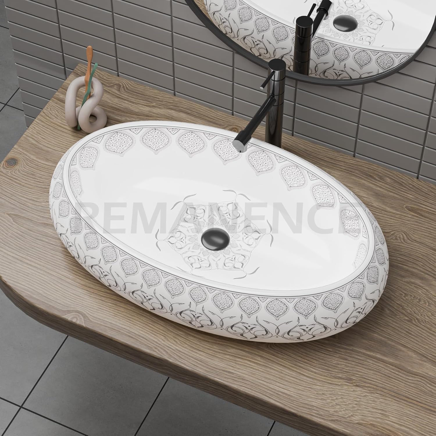 REMANENCE-ROUND Premium Countertop Wash Basin for Luxury Bathrooms, Boutique Hotels & Resorts, Premium Restaurants & Cafés (24 X 16 X 6 Inch) (T-2253)