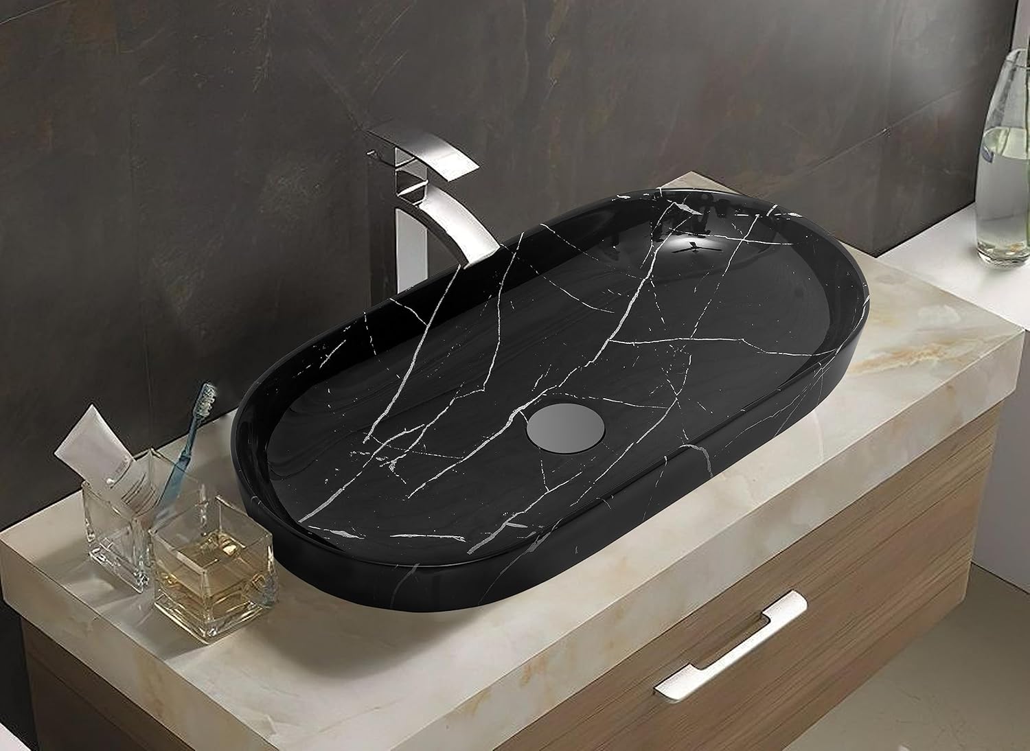 REMANENCE Premium Designer Countertop Wash Basin for Premium Restaurants & Cafés, Luxury Bathrooms, Boutique Hotels & Resorts (28 x 14 x 5.5 Inch) (Black White)