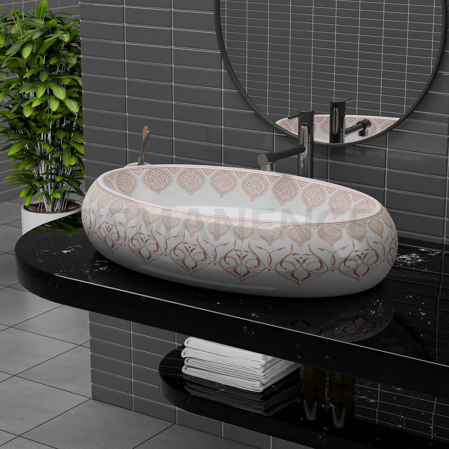 REMANENCE-ROUND Premium Countertop Wash Basin for Luxury Bathrooms, Boutique Hotels & Resorts, Premium Restaurants & Cafés (24 X 16 X 6 Inch) (T-2251)