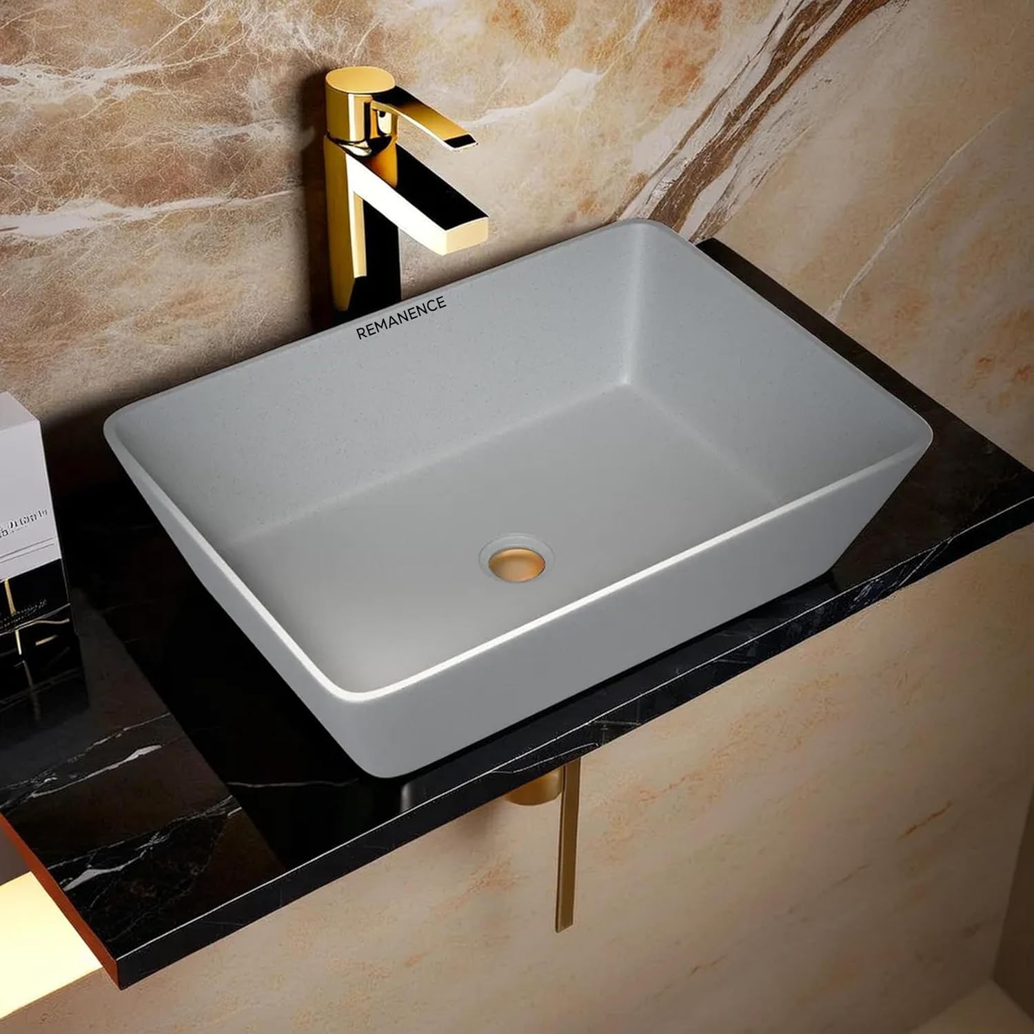 REMANENCE Granite Quartz Countertop Wash Basin (18 X 13 X 5.5 Inch) (Matte Grey Stone)