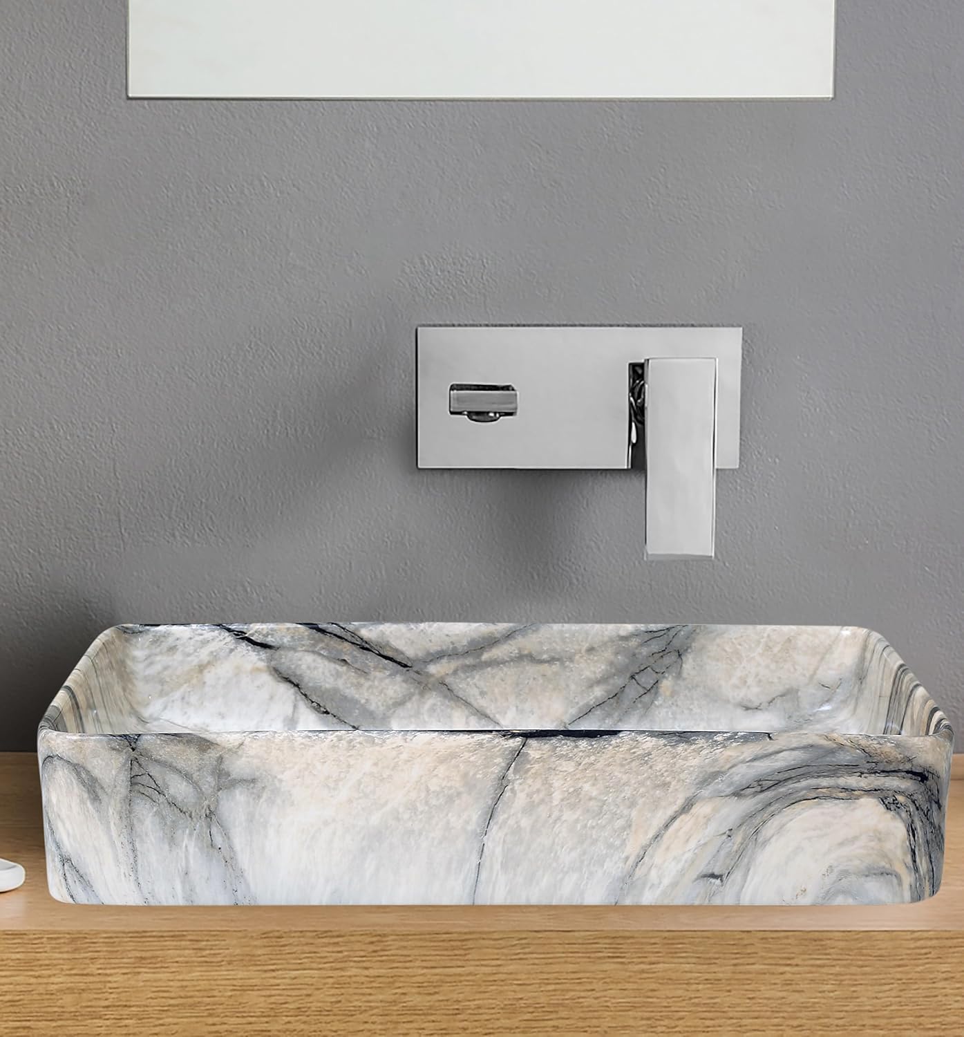 REMANENCE Designer Countertop Ceramic Wash Basin For Bathroom (24 x 14 x 5 Inch) (Designer Marble Beige N Black)