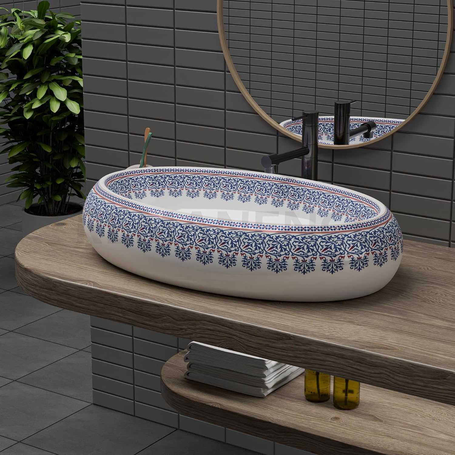 REMANENCE-ROUND Premium Countertop Wash Basin for Luxury Bathrooms, Boutique Hotels & Resorts, Premium Restaurants & Cafés (24 X 16 X 6 Inch) (T-2261)