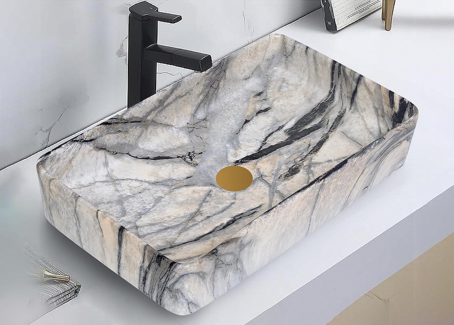 REMANENCE Designer Countertop Ceramic Wash Basin For Bathroom (24 x 14 x 5 Inch) (Designer Marble Beige N Black)