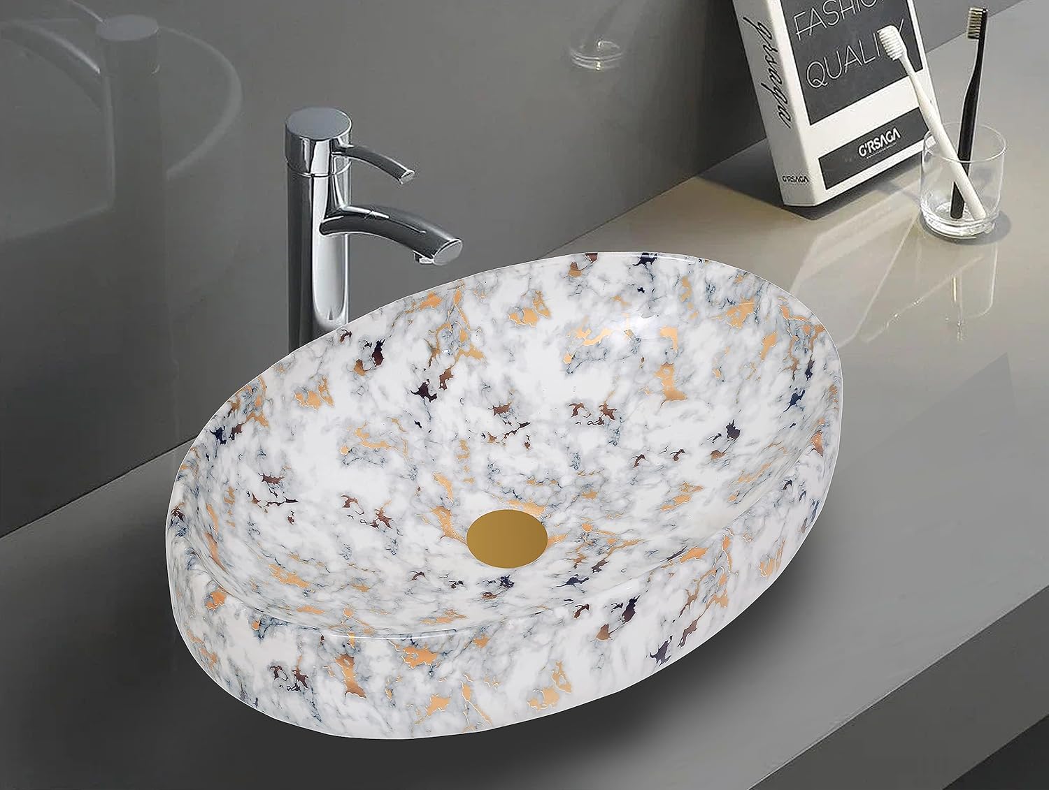 REMANENCE Ceramic Countertop Wash Basin for Designer Bathroom, Boutique Hotels, Luxury Homes (24 x 15 x 6 Inch) (Designer White Gold)