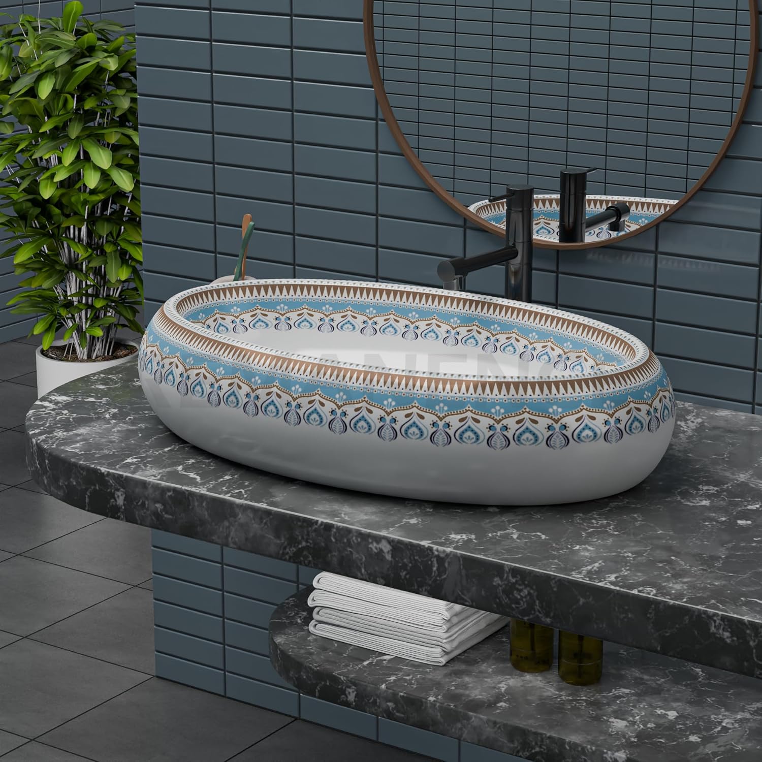 REMANENCE-ROUND Premium Countertop Wash Basin for Luxury Bathrooms, Boutique Hotels & Resorts, Premium Restaurants & Cafés (24 X 16 X 6 Inch) (T-2259)