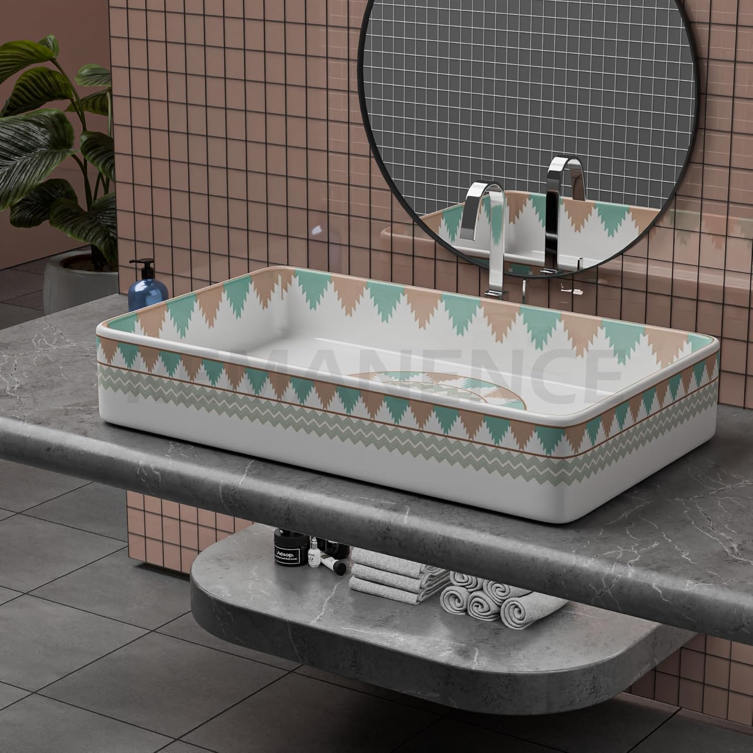 REMANENCE Designer Countertop Wash Basin For Bathroom, Restaurant, Living Room (24 x 14 x 5 Inch) (T-4454)
