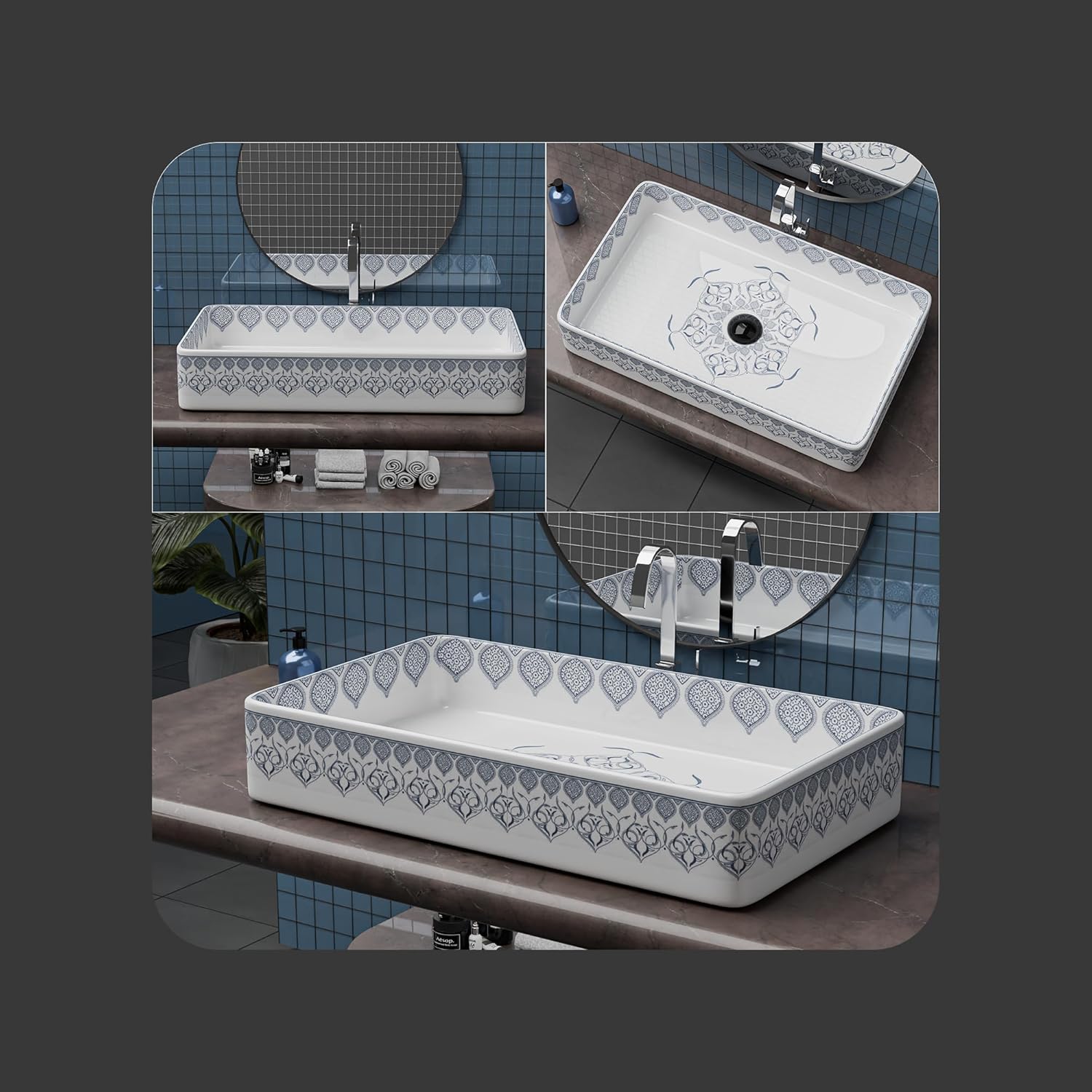 REMANENCE Designer Countertop Wash Basin For Bathroom, Restaurant, Living Room (24 x 14 x 5 Inch) (T-4452)