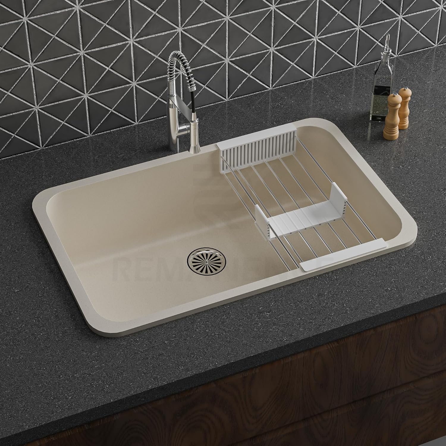 REMANENCE Granite Quartz Single Bowl Matte Finish Kitchen Sink With Drainer Basket (31 x 19 x 9 Inch) (Ivory)