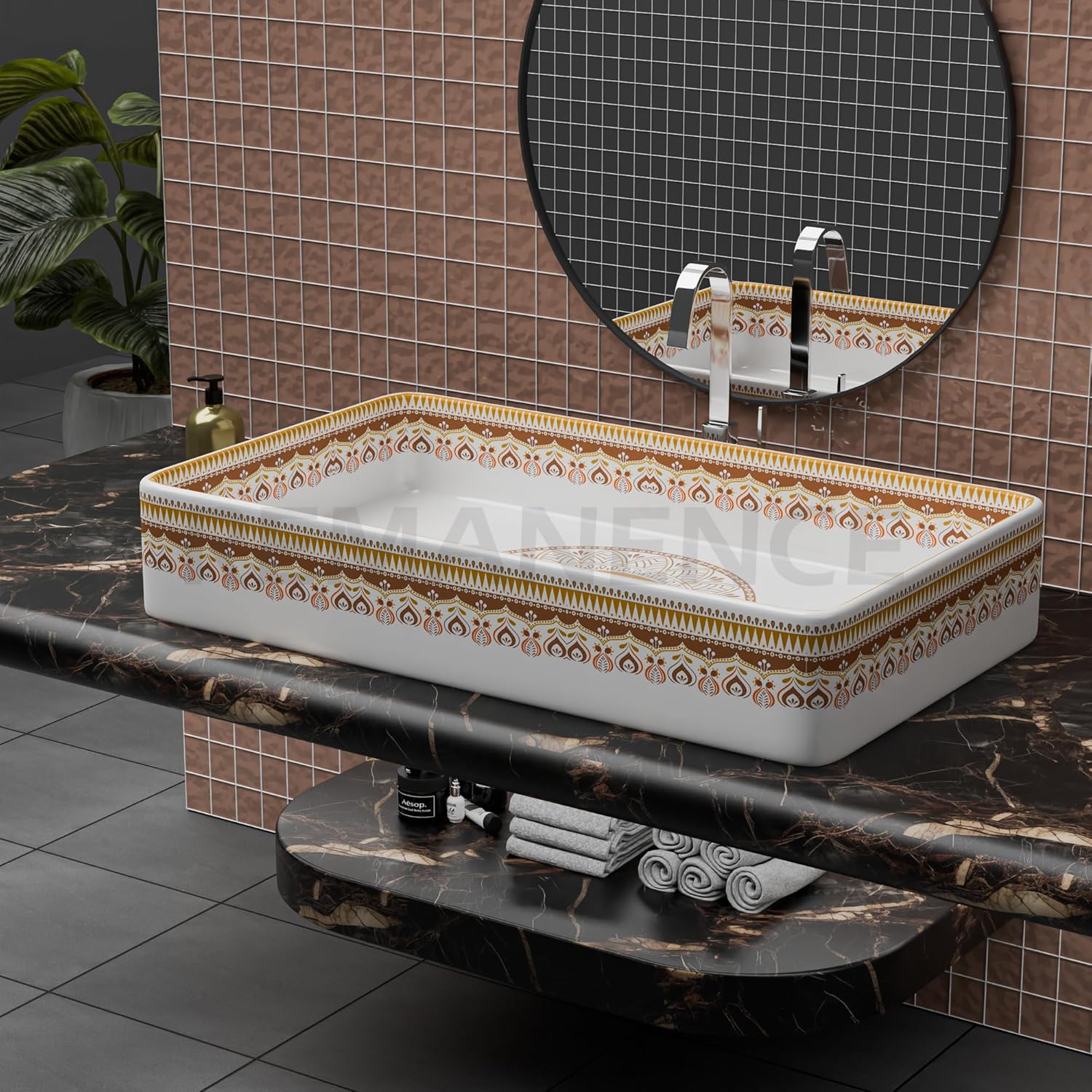 REMANENCE Designer Countertop Wash Basin For Bathroom, Restaurant, Living Room (24 x 14 x 5 Inch) (T-4460)