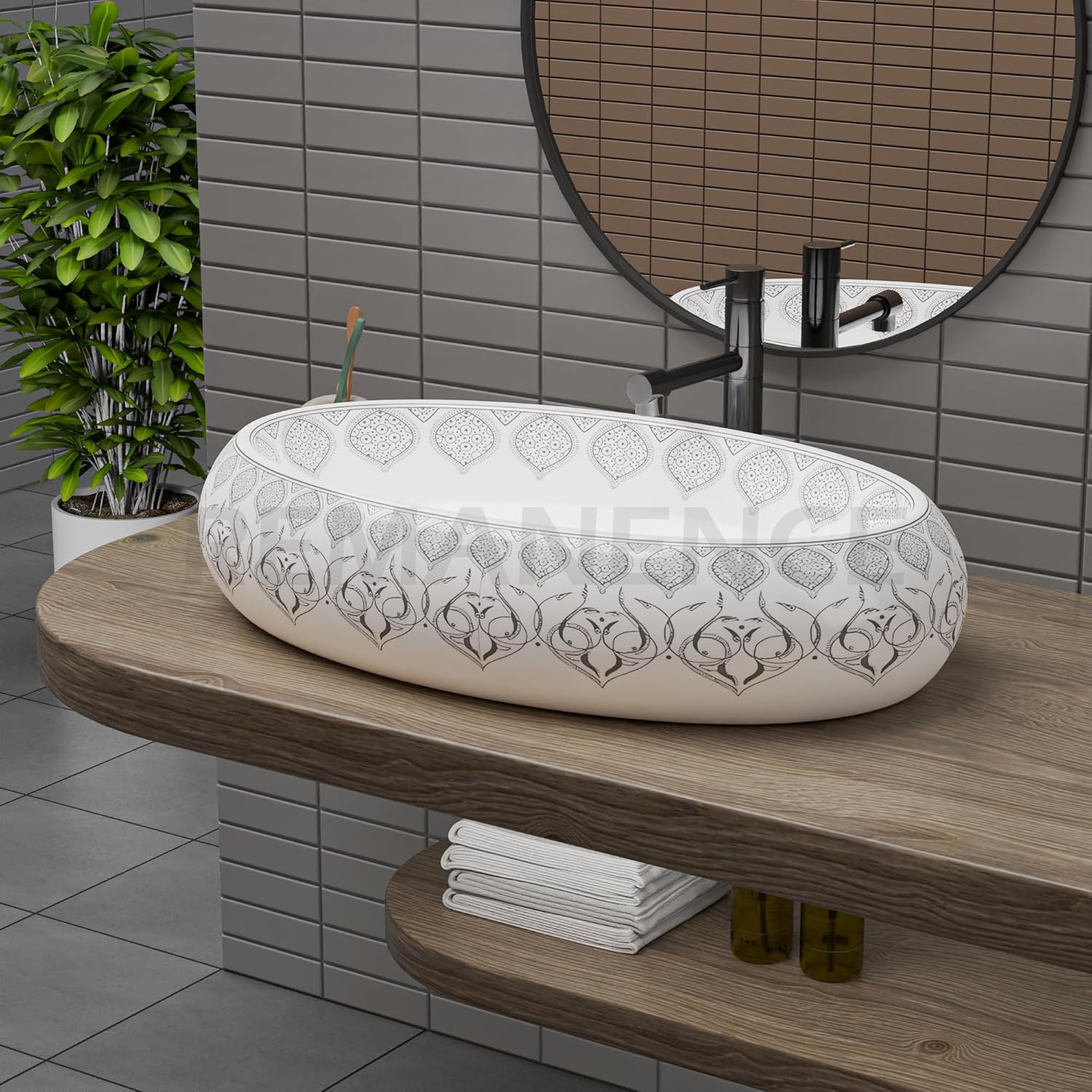 REMANENCE-ROUND Premium Countertop Wash Basin for Luxury Bathrooms, Boutique Hotels & Resorts, Premium Restaurants & Cafés (24 X 16 X 6 Inch) (T-2253)