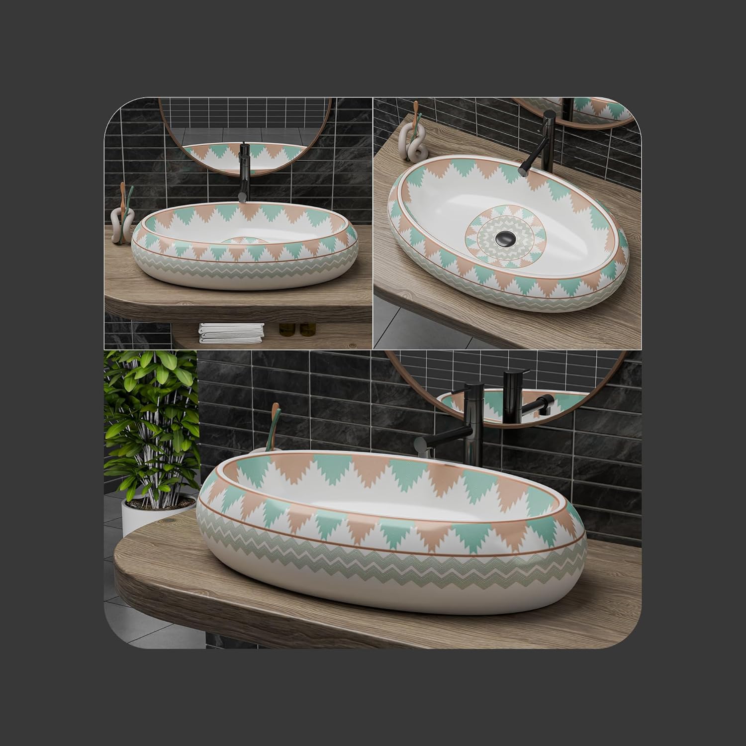 REMANENCE-ROUND Premium Countertop Wash Basin for Luxury Bathrooms, Boutique Hotels & Resorts, Premium Restaurants & Cafés (24 X 16 X 6 Inch) (T-2254)