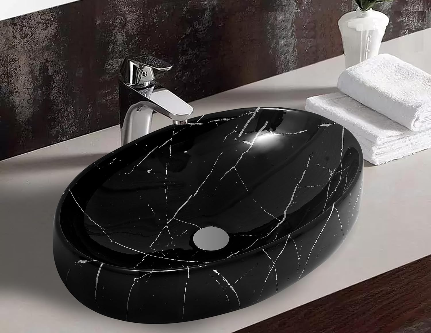 REMANENCE Ceramic Countertop Wash Basin for Designer Bathroom, Boutique Hotels, Luxury Homes (24 x 15 x 6 Inch) (Glossy Black N White Strip)