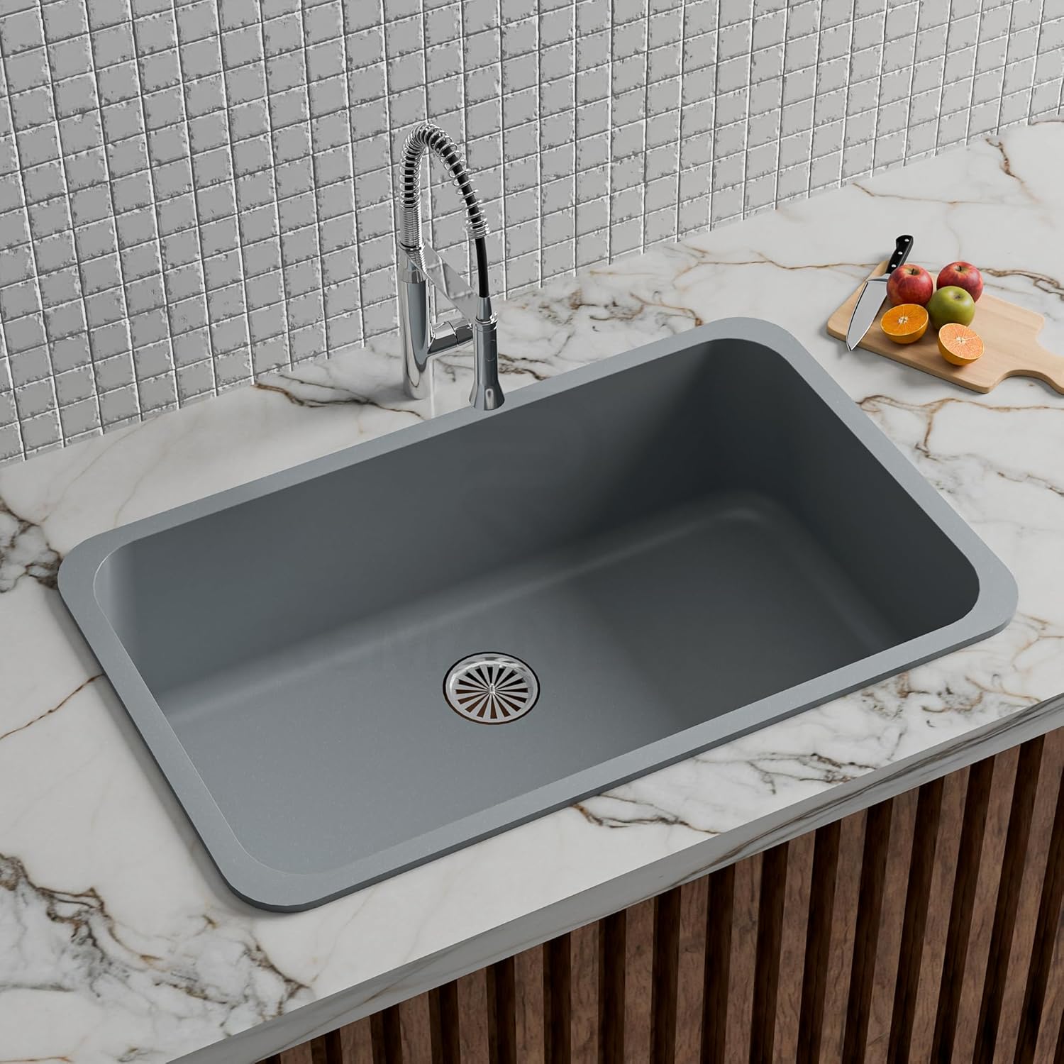 REMANENCE Granite Quartz Single Bowl Matte Finish Kitchen Sink With Drainer Basket (31 x 19 x 9 Inch) (Grey)