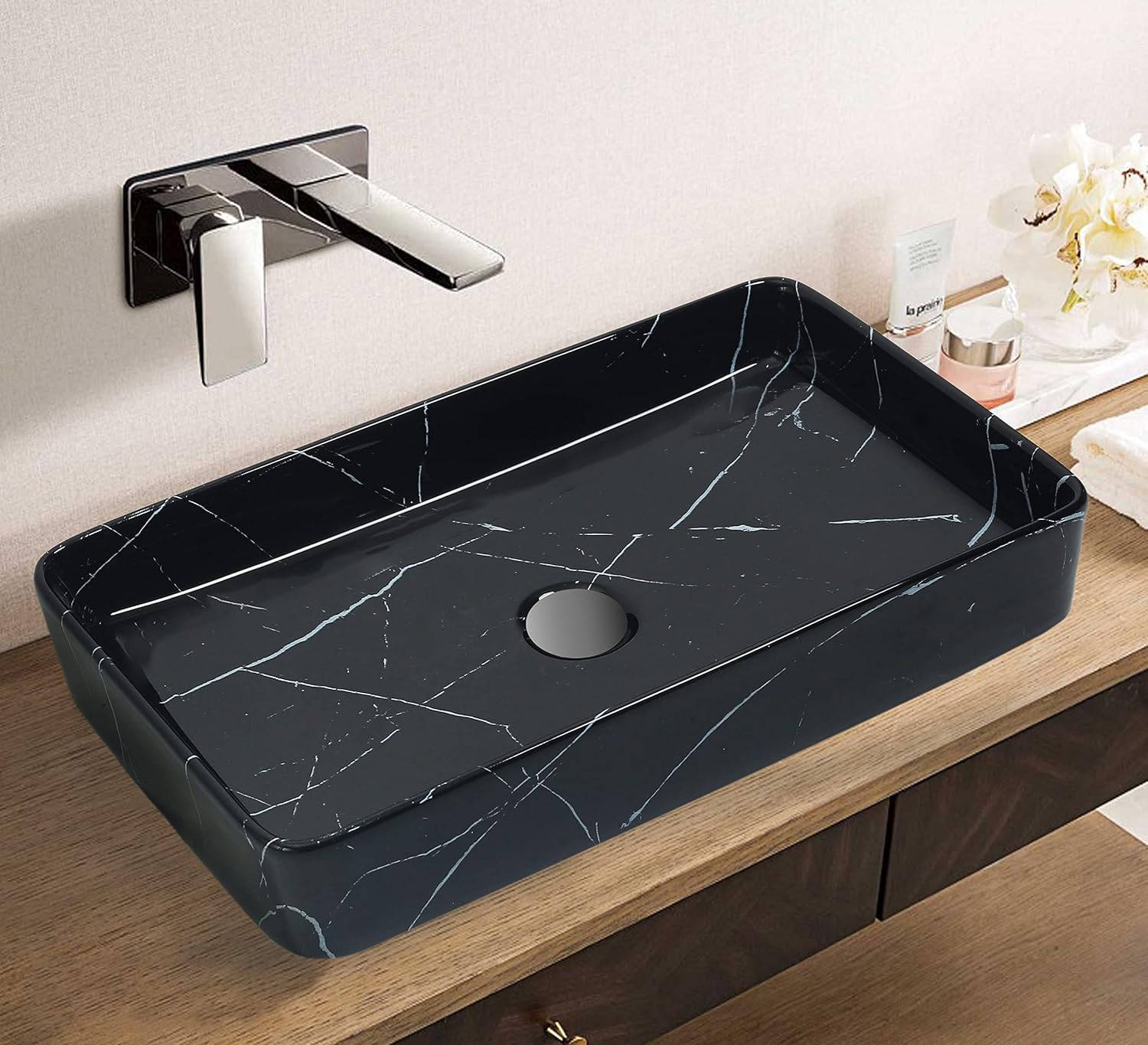 REMANENCE Designer Countertop Ceramic Wash Basin For Bathroom (24 x 14 x 5 Inch) (Glossy Black N White Stripe)