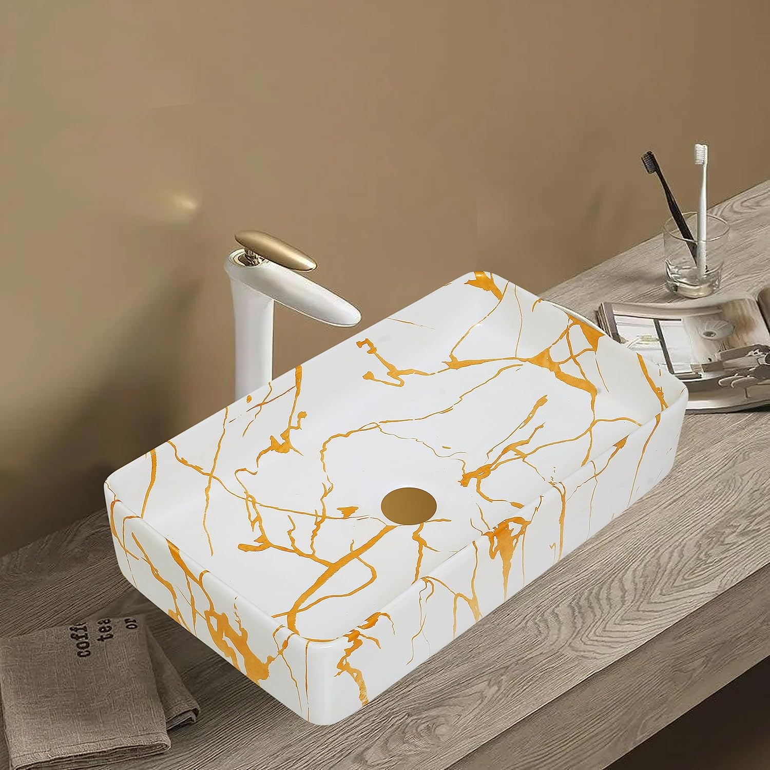 REMANENCE Designer Countertop Ceramic Wash Basin For Bathroom (24 x 14 x 5 Inch) (Designer White N Gold Jelly)