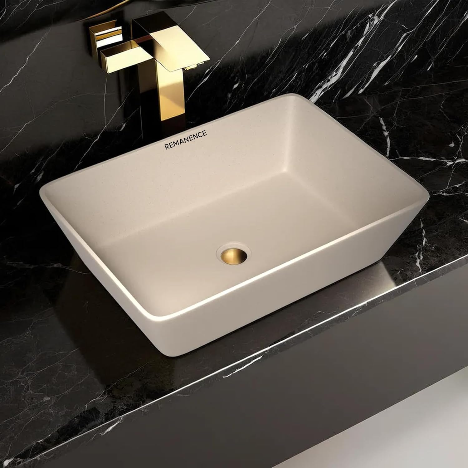 REMANENCE Granite Quartz Countertop Wash Basin (18 X 13 X 5.5 Inch) (Matte Ivory)